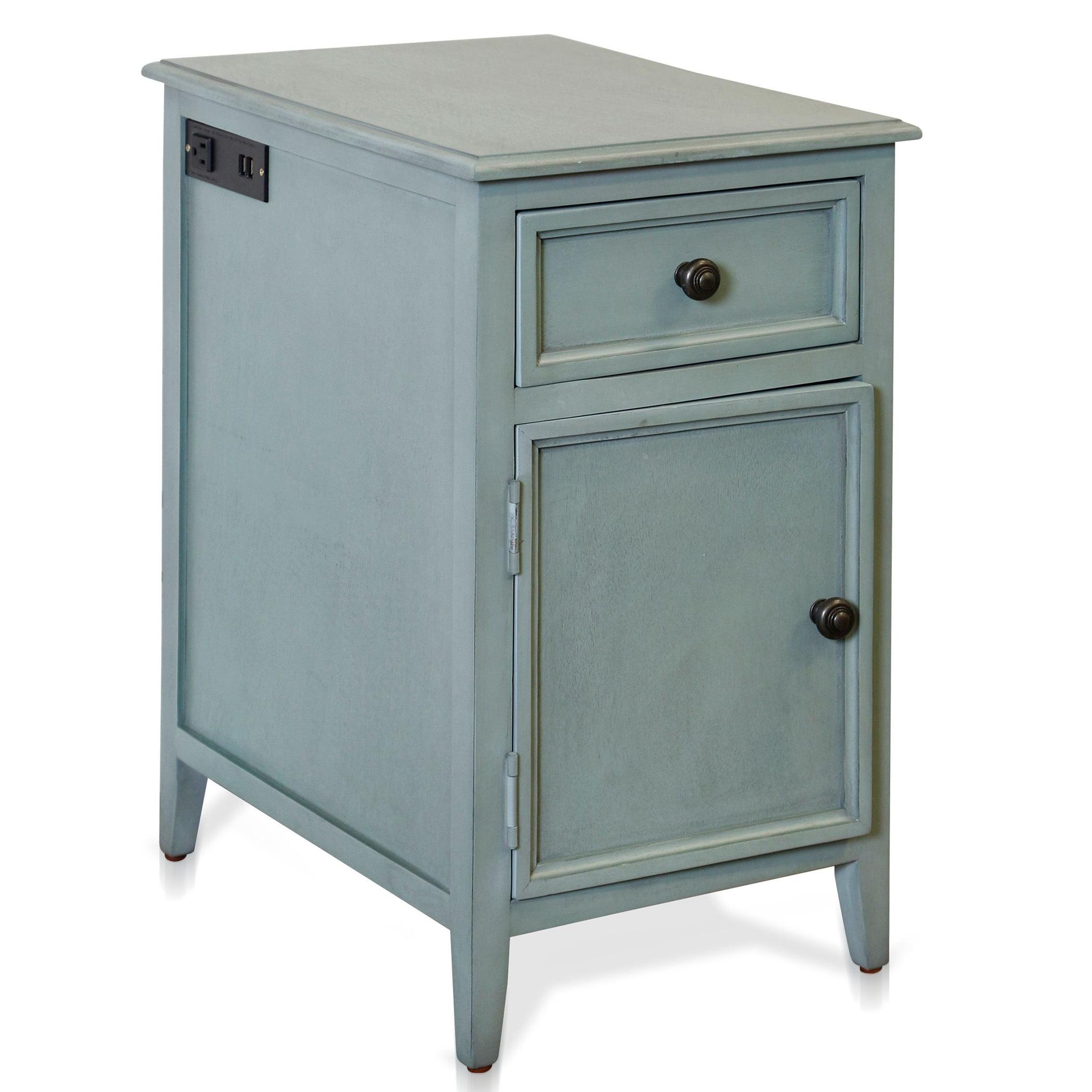 Aged Seafoam 25" Wood Side Table with Storage and USB Ports