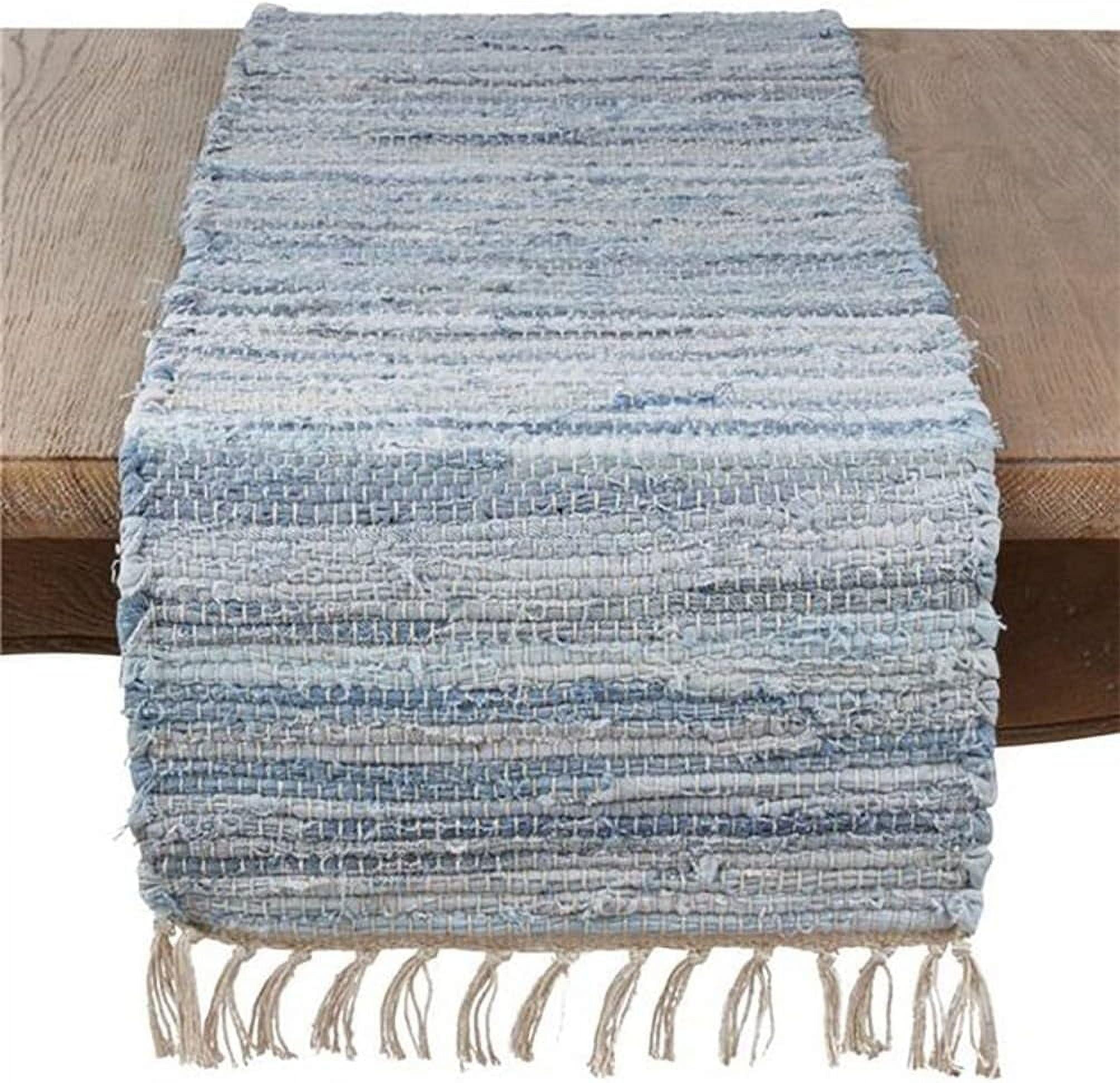 Denim Blue Cotton Chindi Table Runner with Fringed Edges