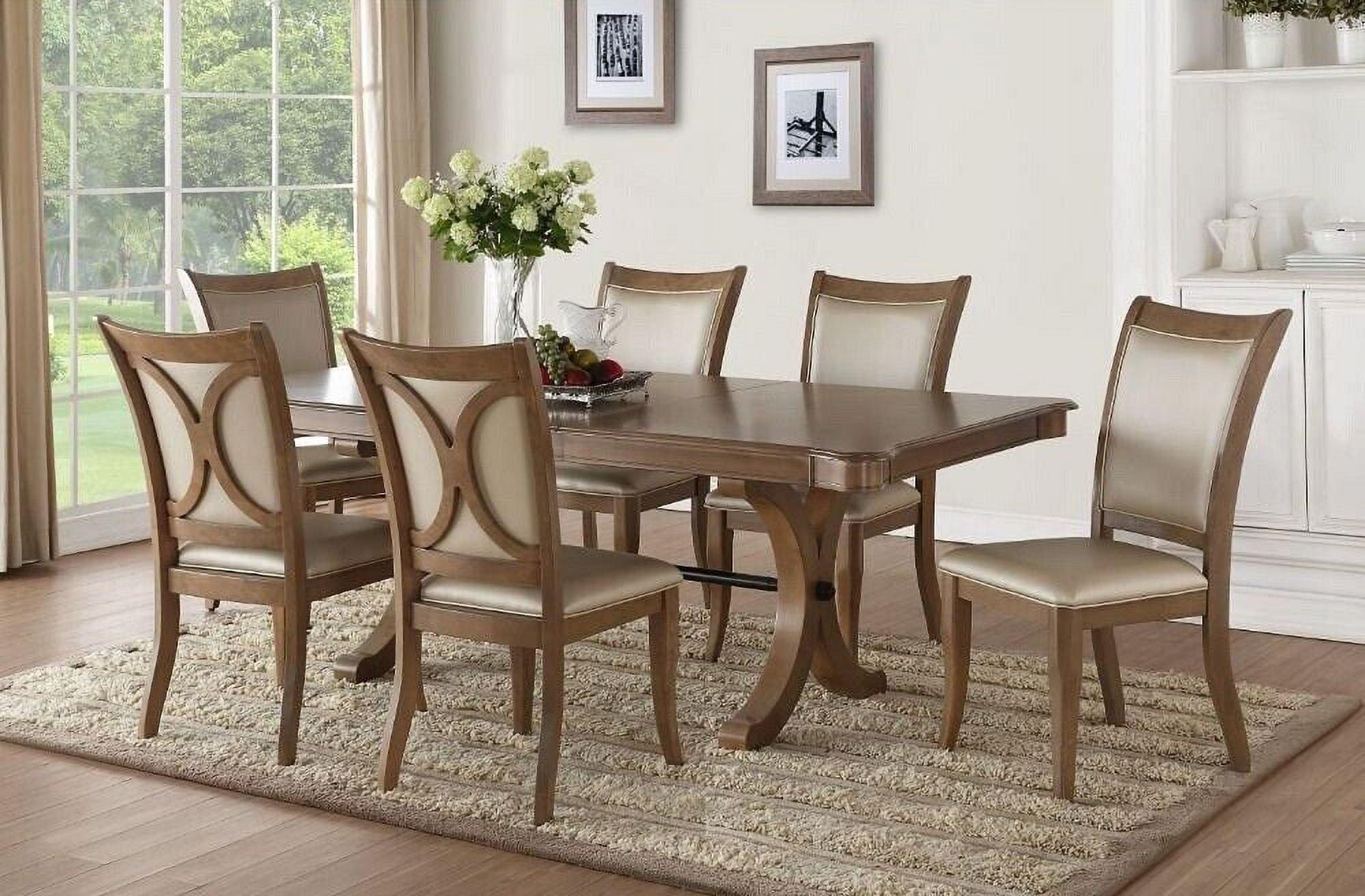 Gray Oak 7-Piece Extendable Trestle Dining Set with Beige Upholstered Chairs