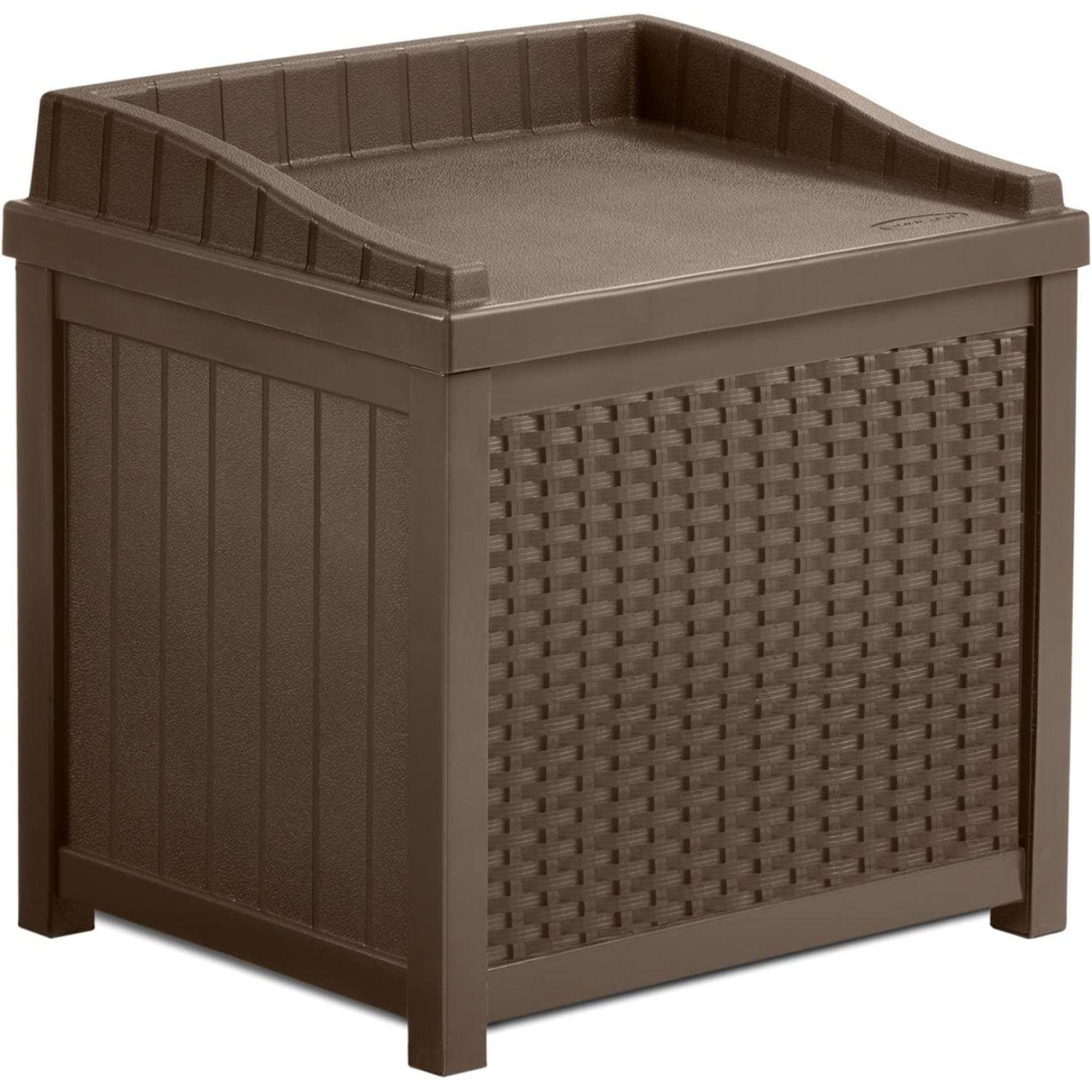 Mocha Wicker 22-Gallon Deck Box: Lightweight Resin Storage Container and Seat for Patio, Garage, Yard