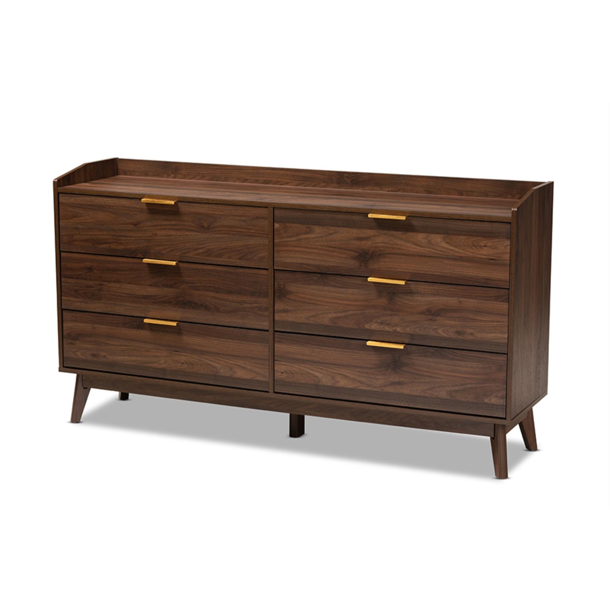 Elegant Mid-Century Walnut Brown Dresser with Gold-Tone Handles, 6 Drawers