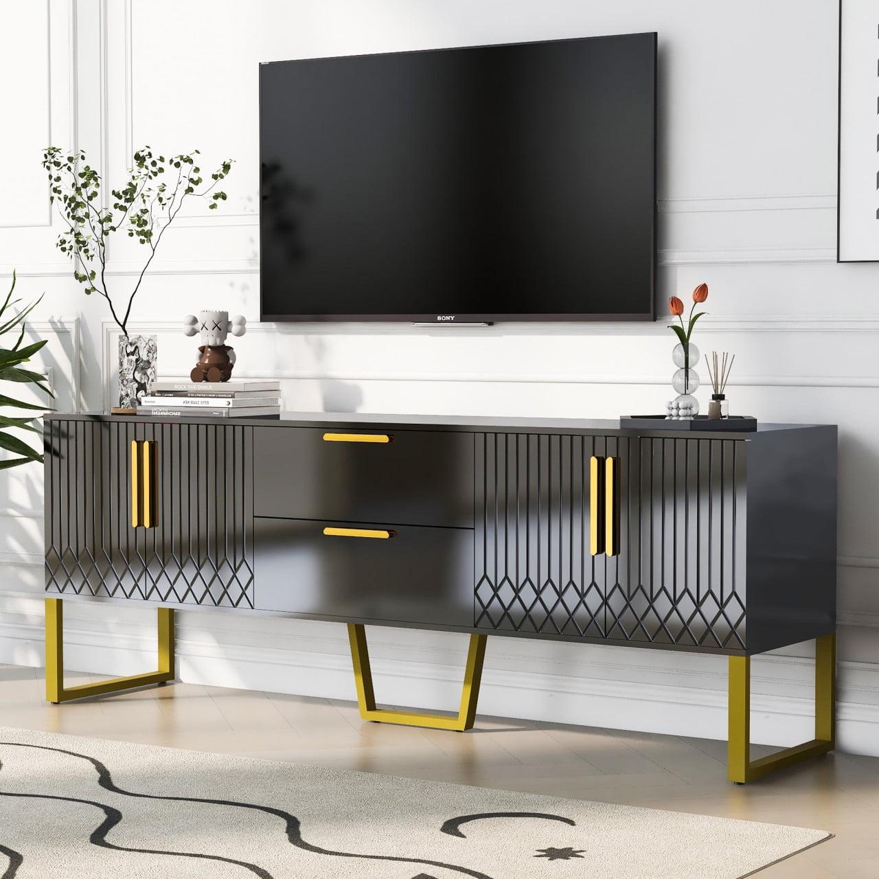 TV Stand for TVs up to 75", Media Entertainment Center with Ample Storage Capacity, Metal Legs and Handles, TV Console with Drawers and Cabinets for Living Room, Black