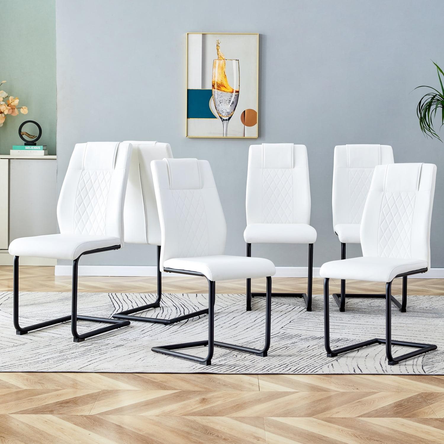 Modern White Faux Leather High Back Side Chairs with Metal Legs, Set of 6