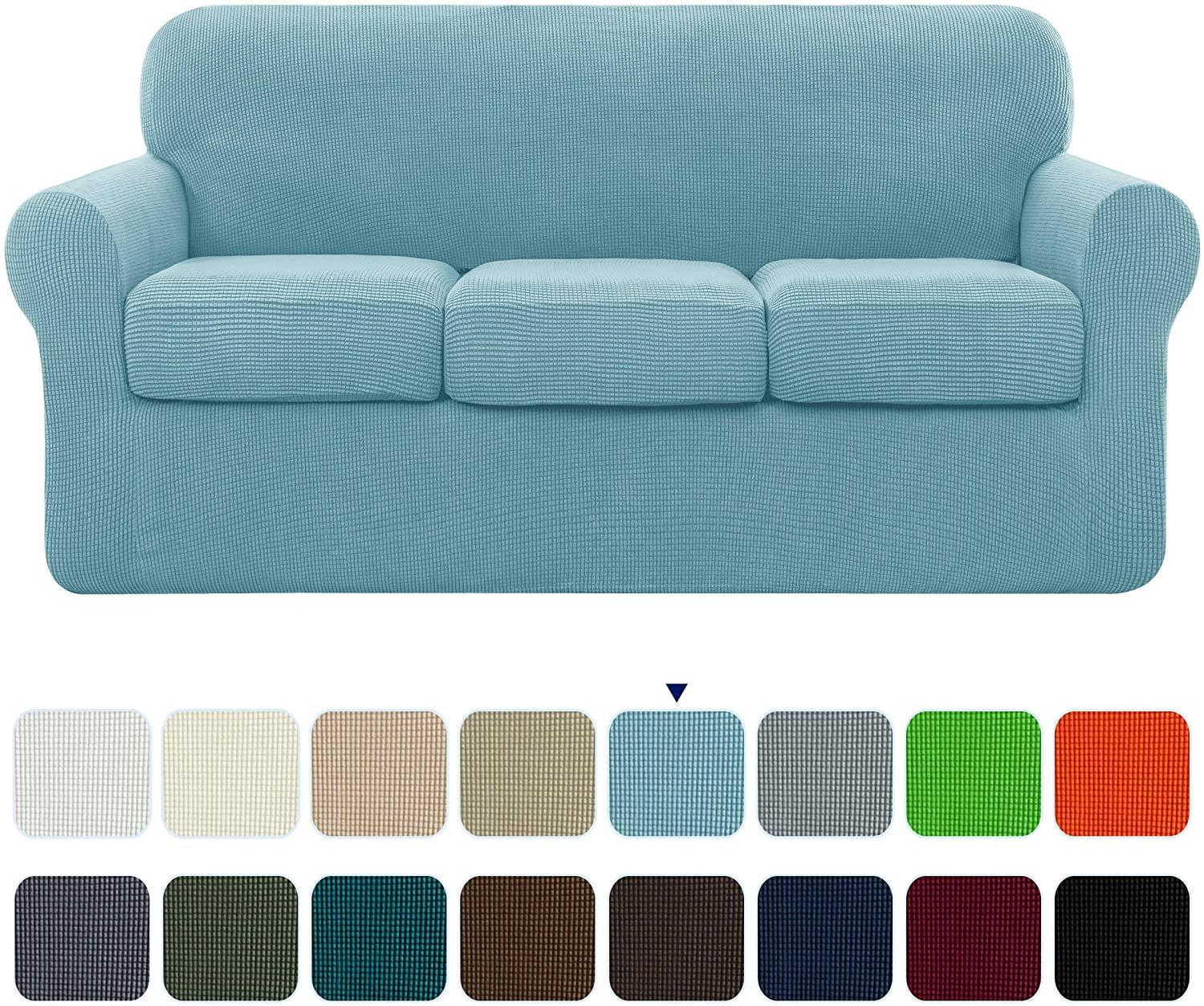 Steel Blue Textured Grid Stretch Sofa Slipcover with Separate Cushion Covers