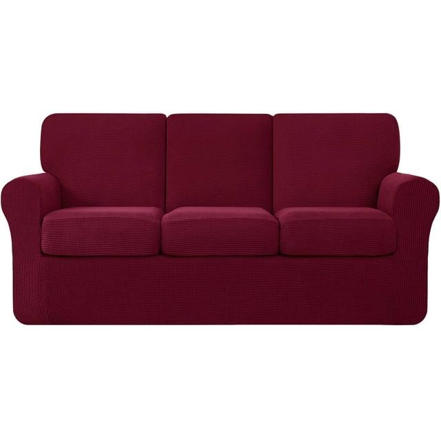 Subrtex 7-Piece Stretch Sofa Slipcover Sets with 3 Backrest Cushion Covers and 3 Seat Cushion Covers (Sofa, Wine)