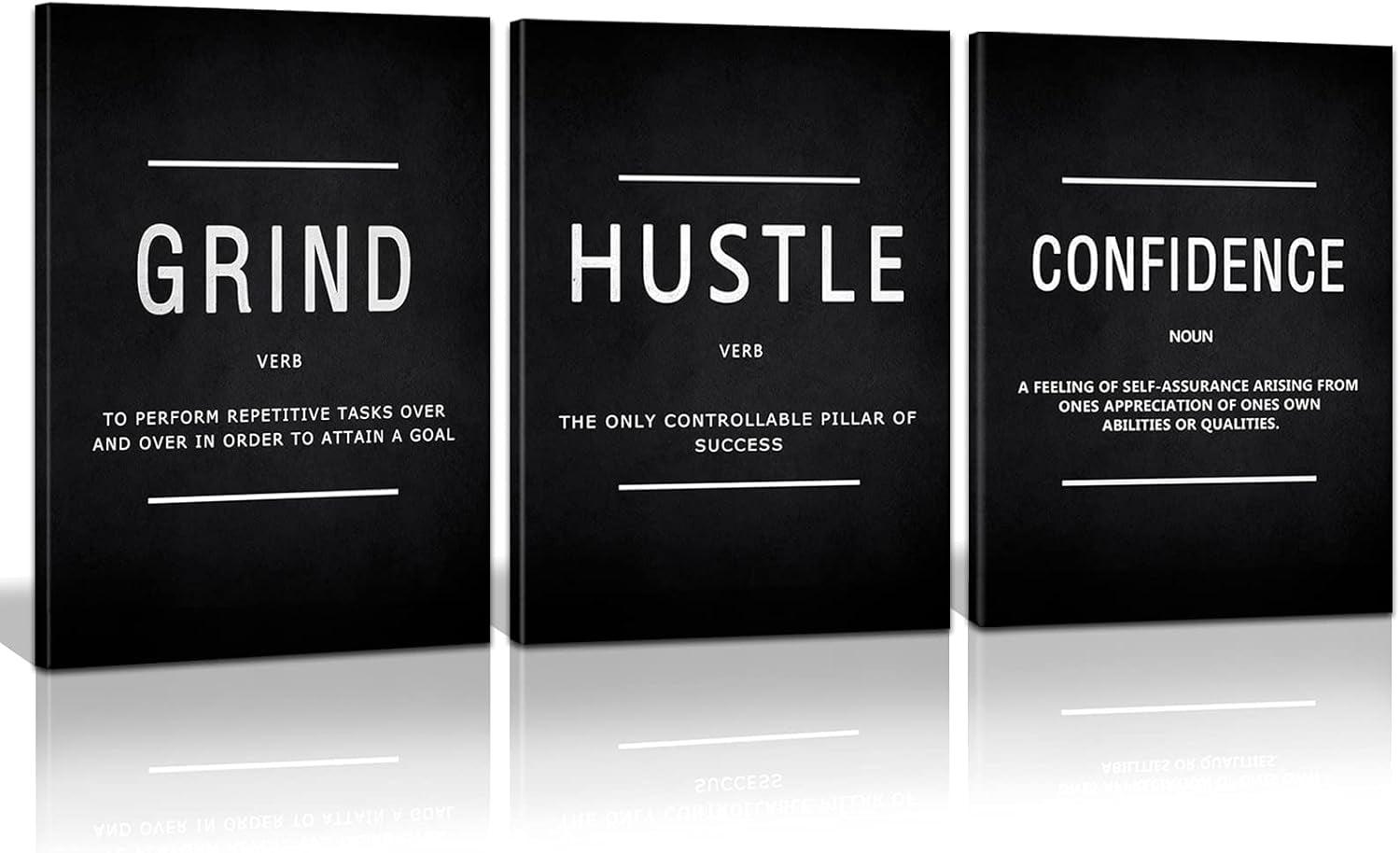 Success Quotes Wall Art, Grind Hustle Conquer Motivation Wall Poster Framed Positive Sayings Wall Hanging Inspirational Quotes for Home Office Workplace - 12x16inx3pcs