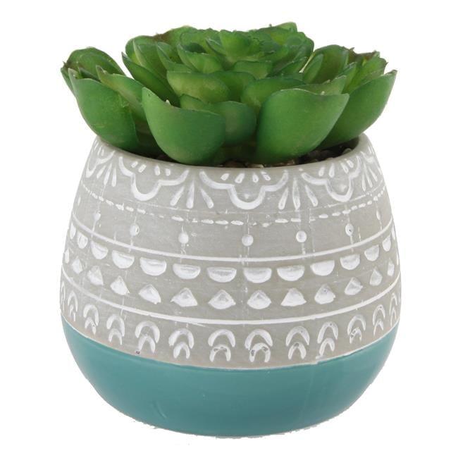 Teal and Gray Ceramic Pot with Faux Succulent