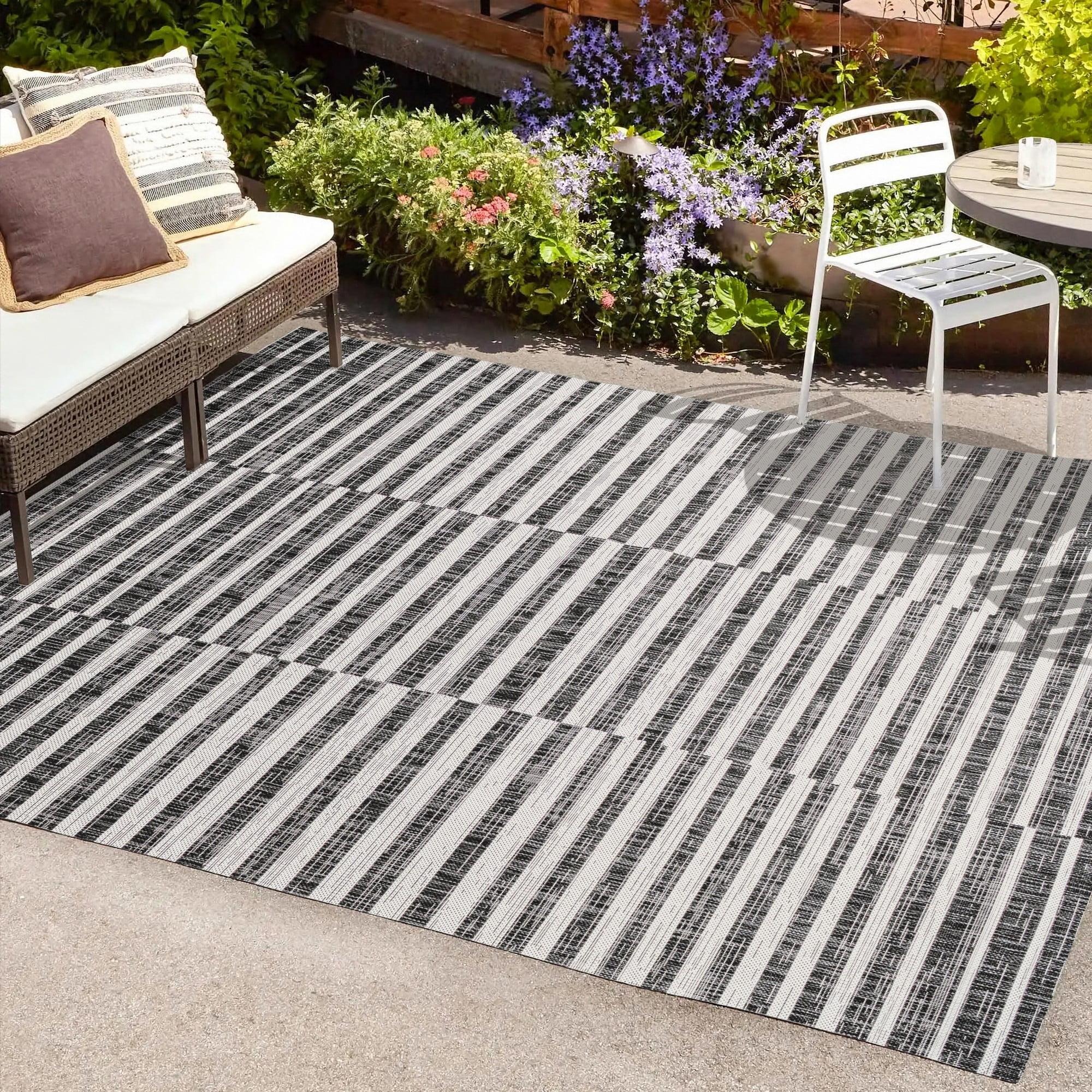 Ivory and Black Stripe Synthetic 8' x 10' Easy-Care Rug