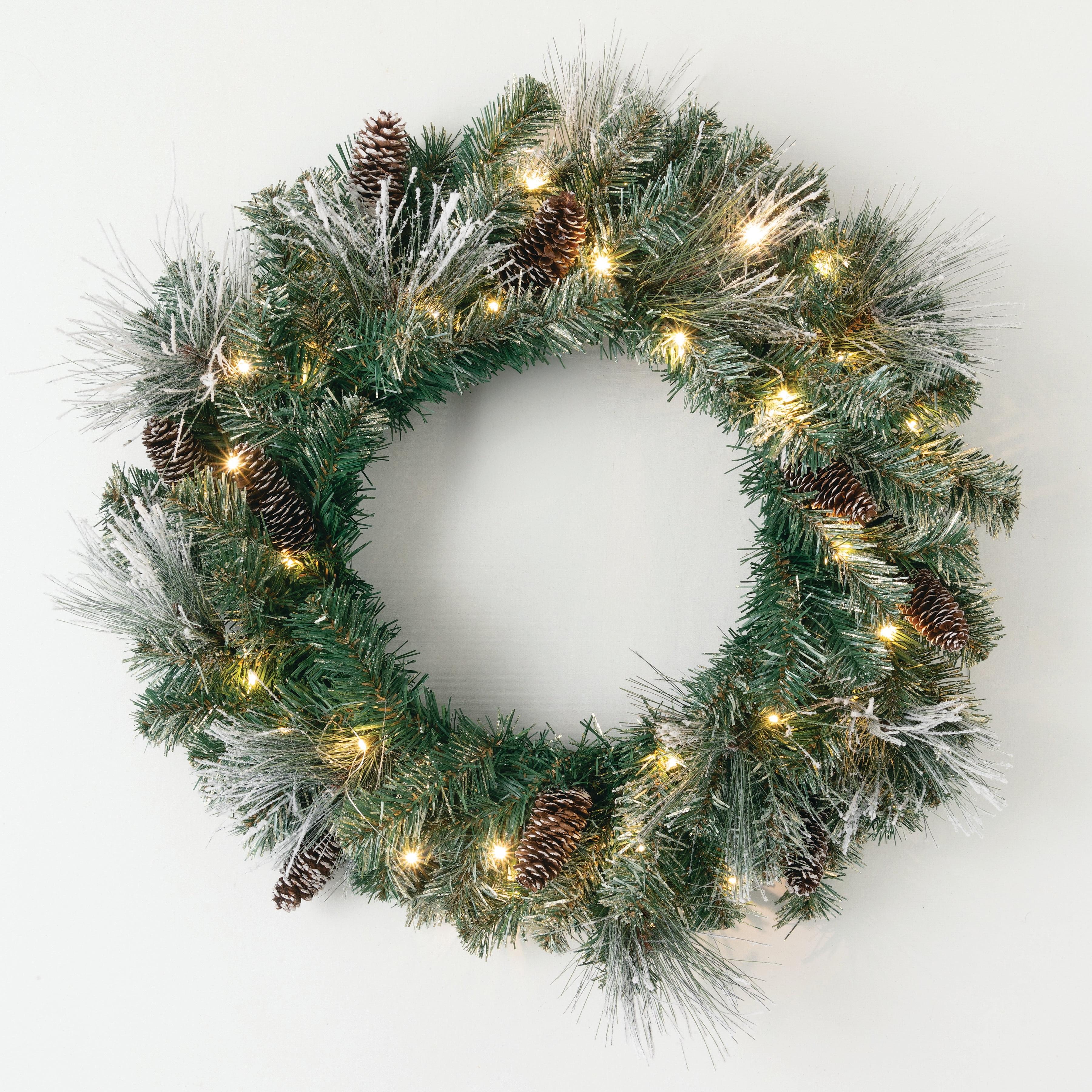 Sullivans 24 Inch Pre-lit Flocked Pine Christmas Wreath Decorated with Pinecones, Light Frosting, Glittered Gold Accents, and Warm White Twinkle