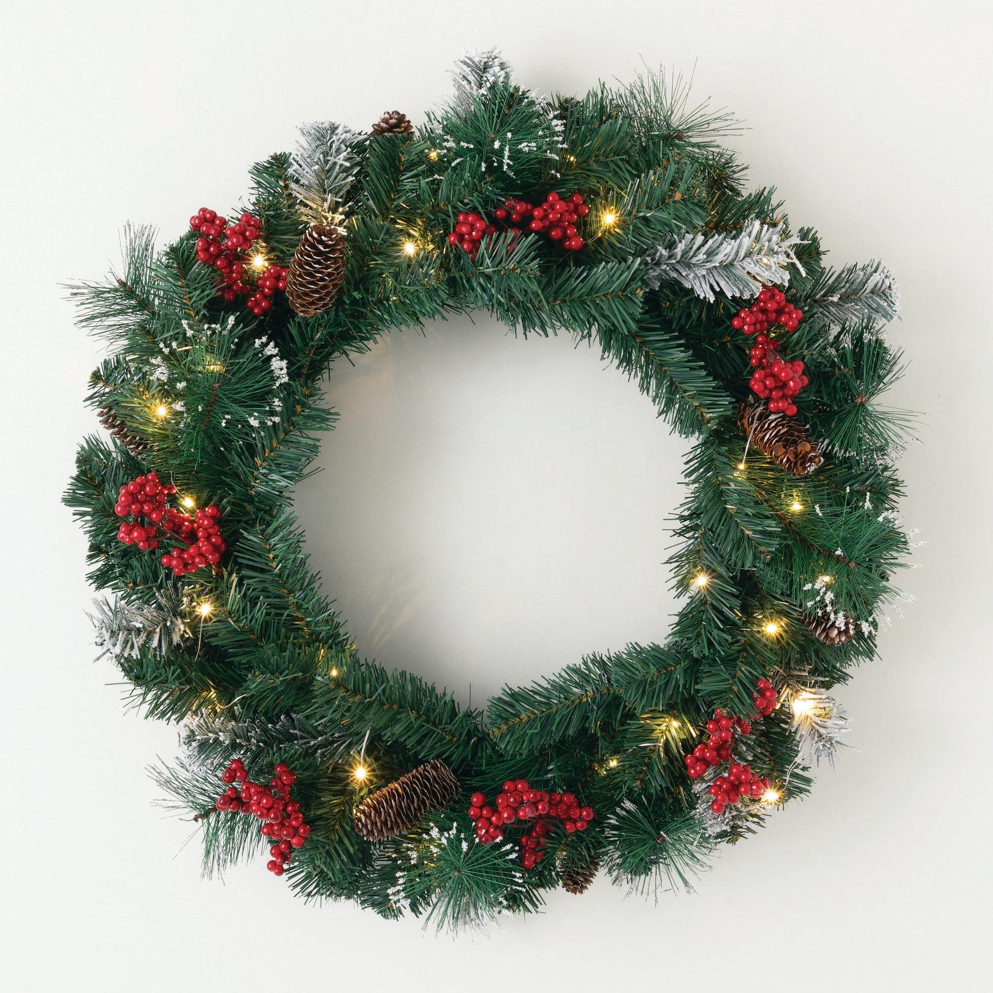 24" Pre-lit Pine Christmas Wreath with Pinecones and Berries