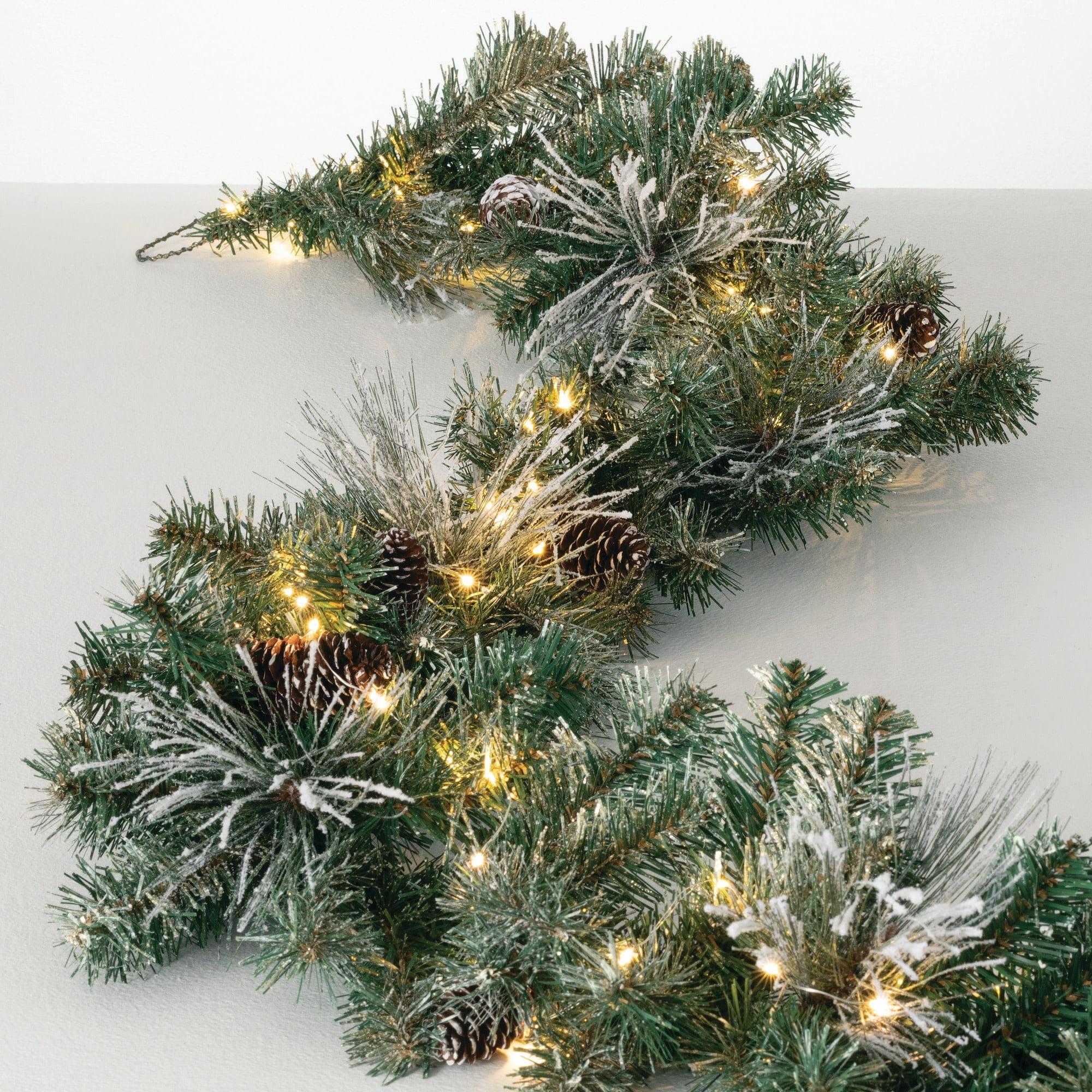 Sullivans 9-Foot Pre-lit Artificial Mixed Pine Christmas Garland Decorated with Pinecones, Light Flocking, Gold Glittered Accents, and Warm White