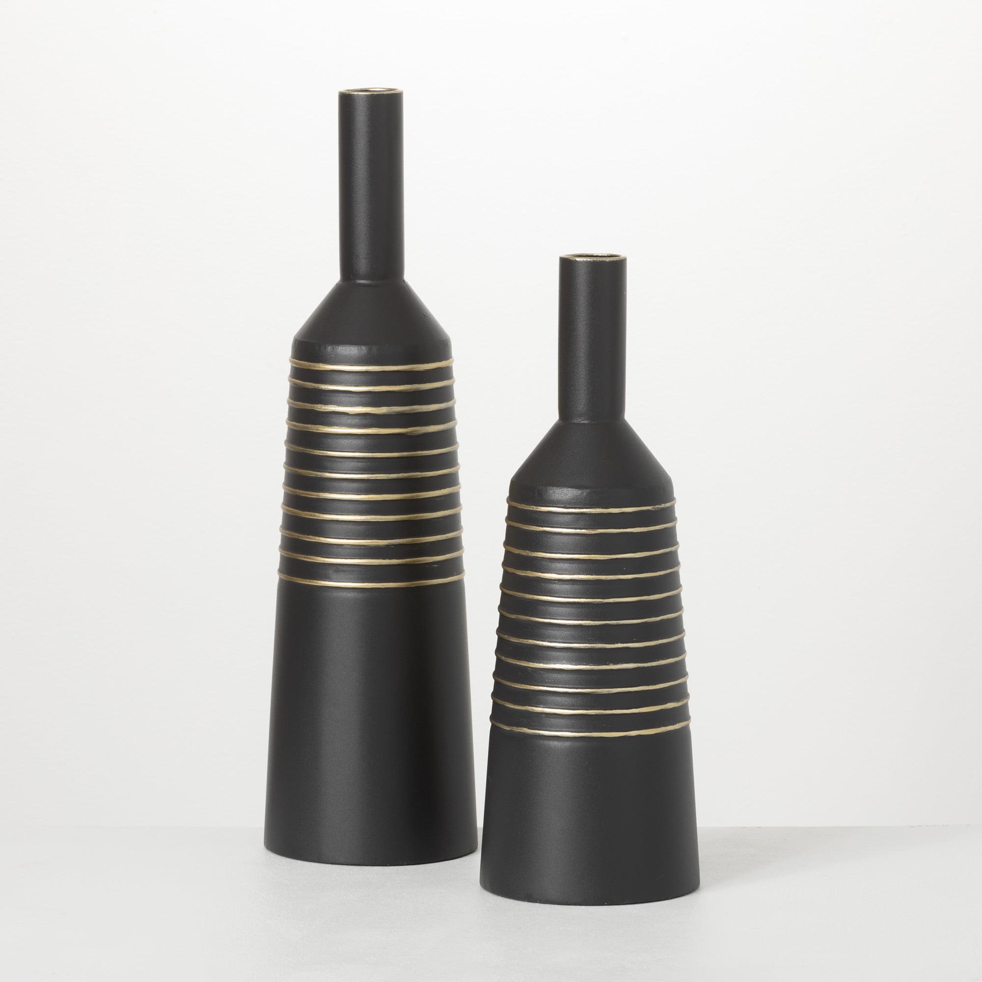 Matte Black and Gold Metal Decorative Floor Vases, Set of 2