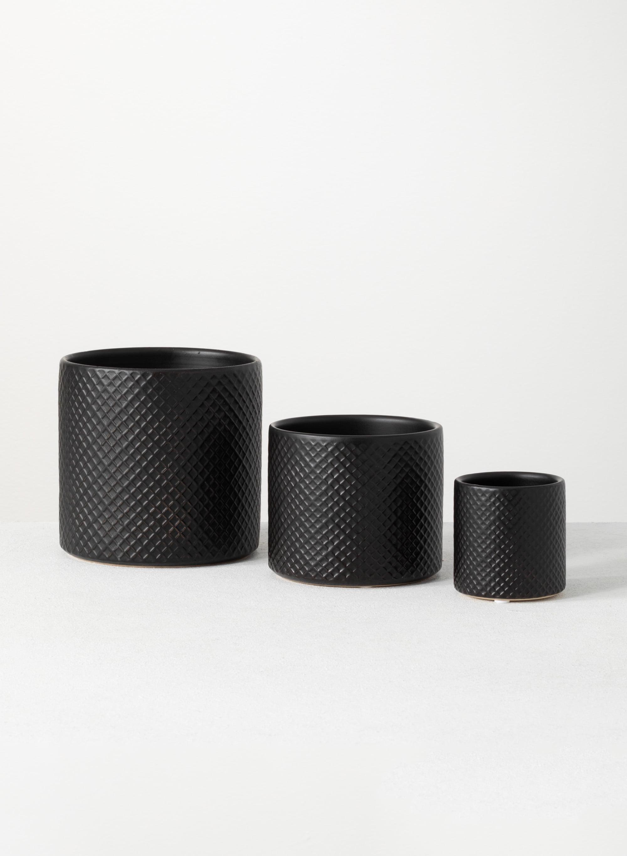 Sleek Modern Black Ceramic Pot Trio, 3"-5.75"H Patterned Exterior