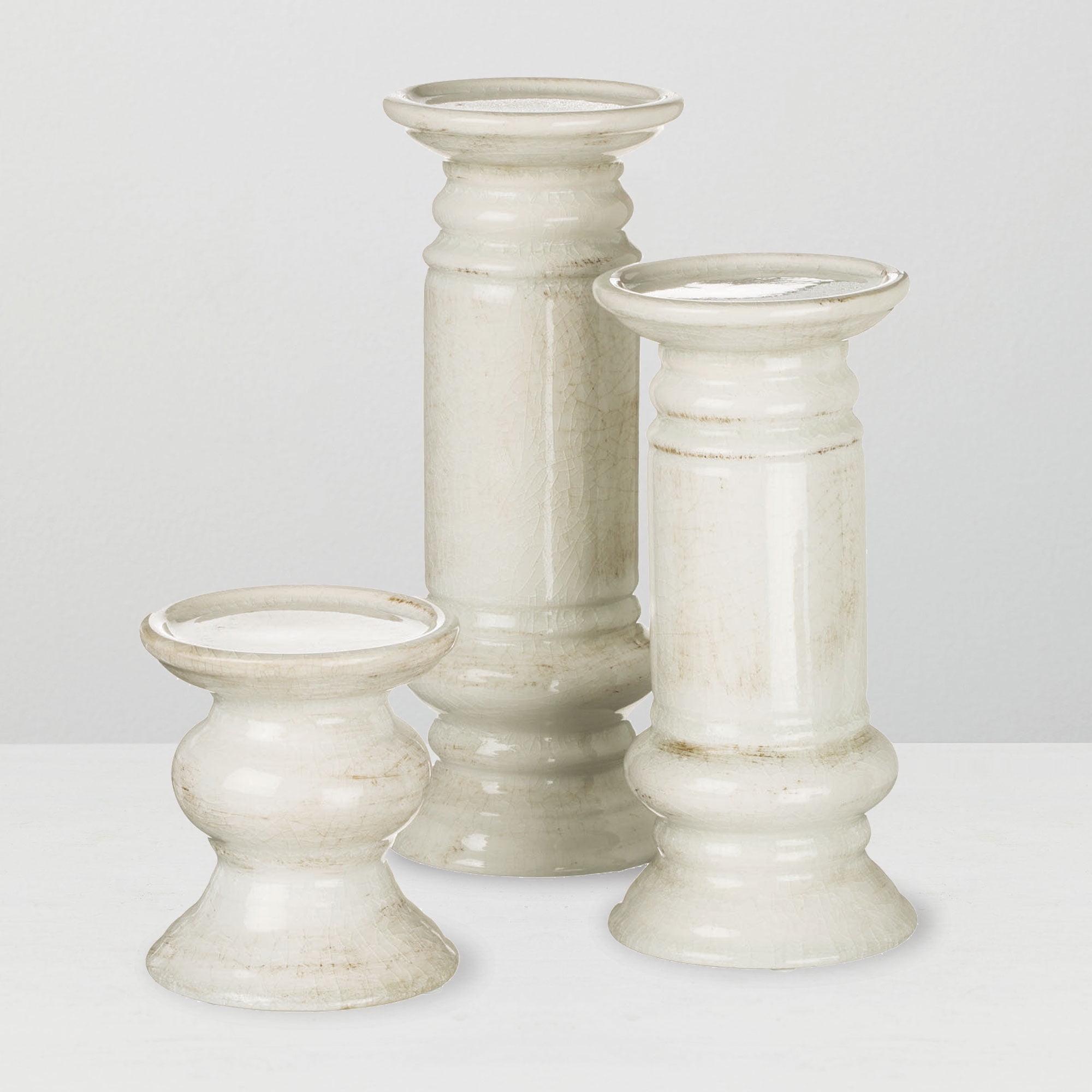 Elegant Trio White Ceramic Pillar Candle Holders 11.5" Set