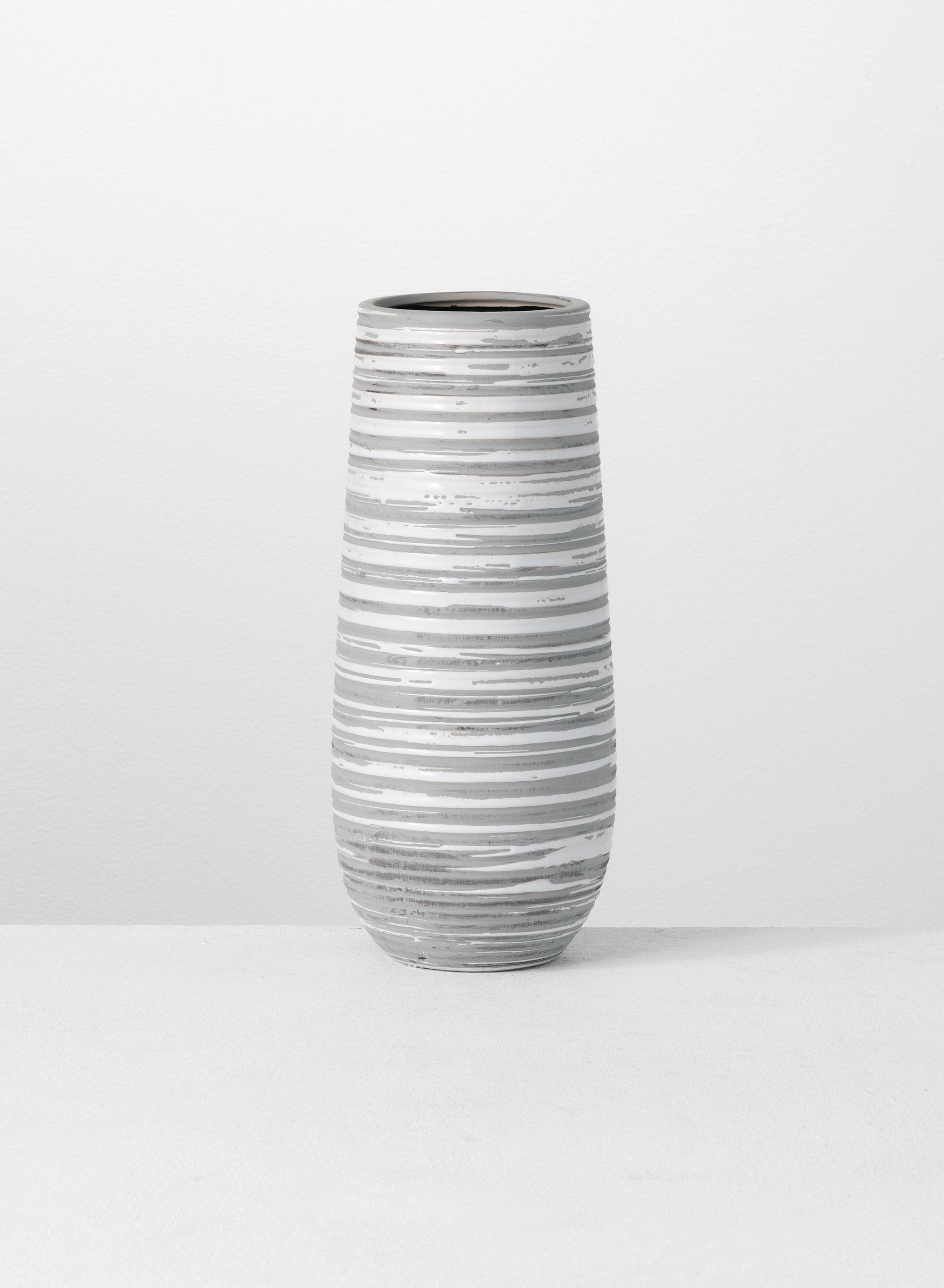 Gray and White Striped Ceramic Decorative Vase 12"