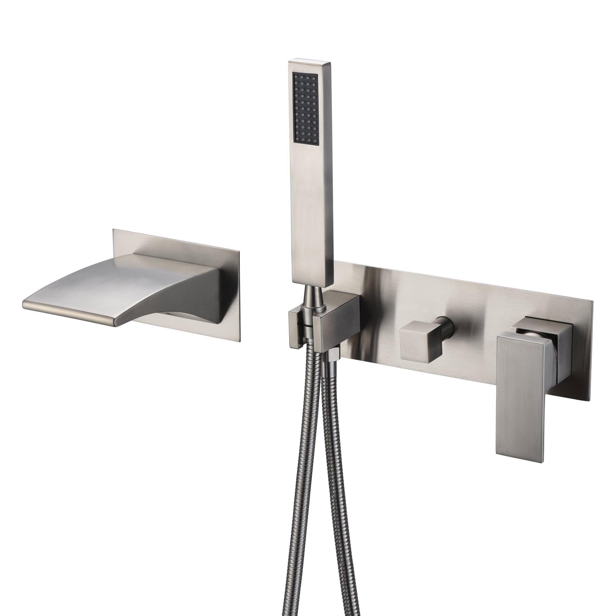 Brushed Nickel Wall Mount Tub Filler with Waterfall Spout and Handheld Shower