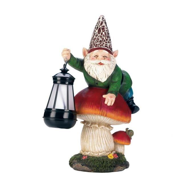 Gnome on Red Mushroom with Solar Lantern Statue