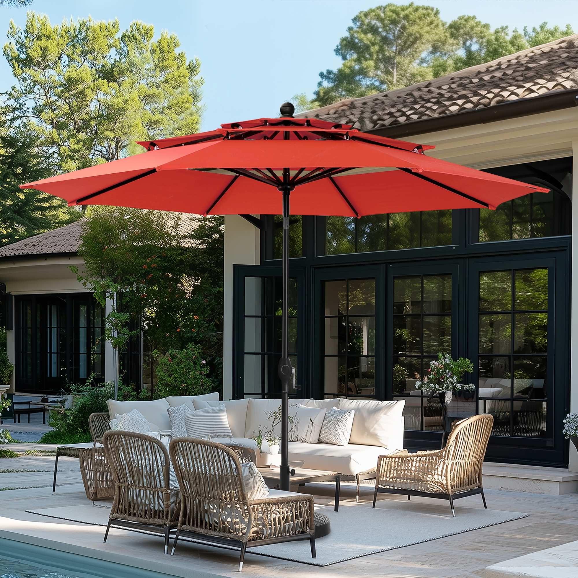 10ft Orange Red Polyester 3-Tier Vented Patio Umbrella with Auto-Tilt