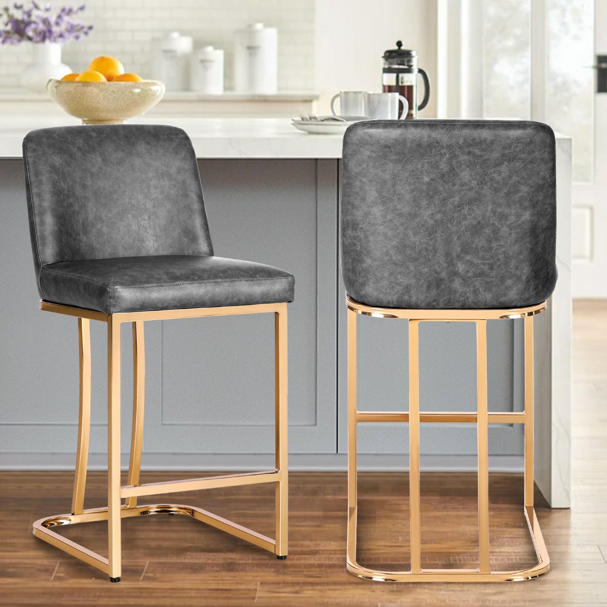 Gray Upholstered Counter Stools with Gold Steel Frame, Set of 2