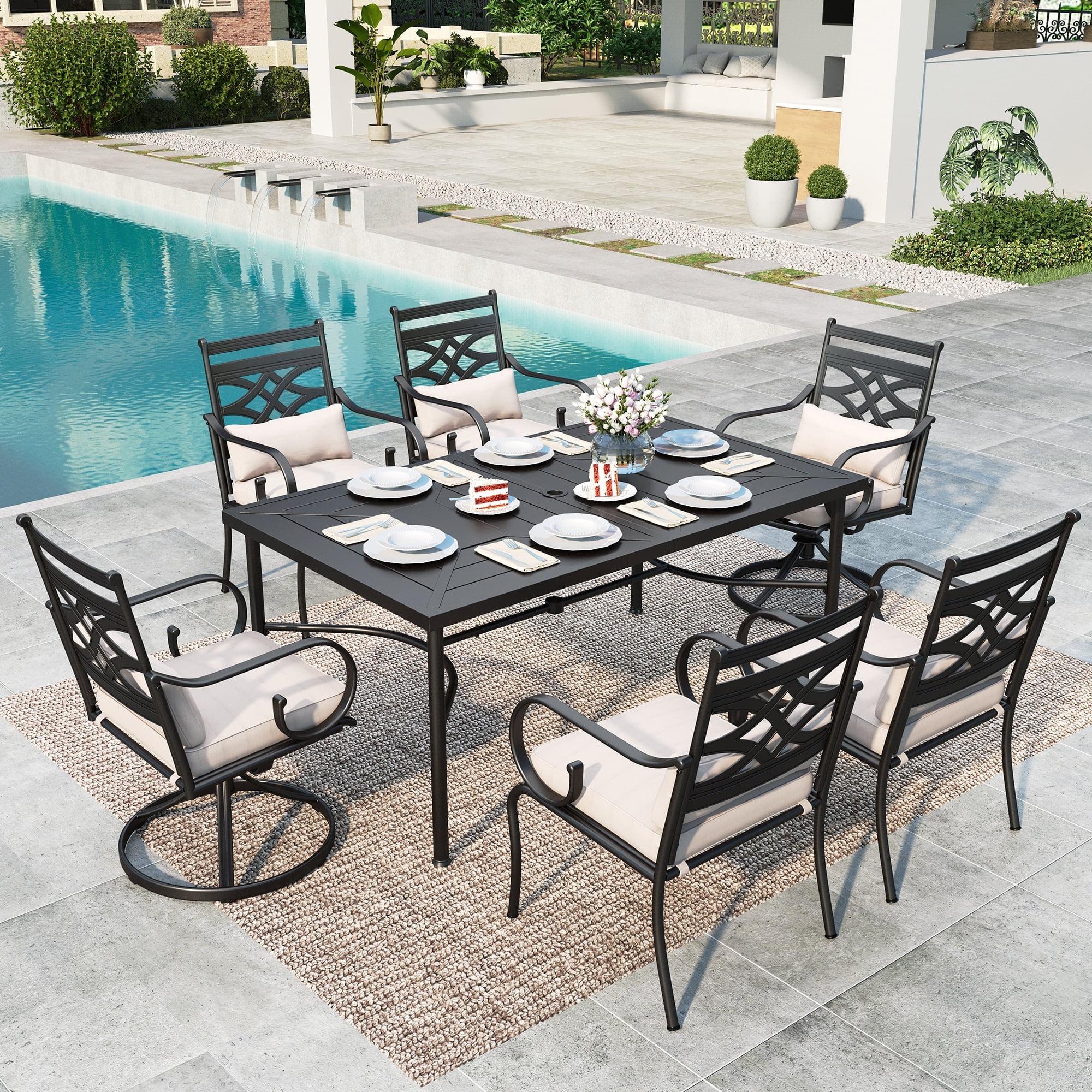 7-Piece Black Steel Patio Dining Set with Beige Cushions