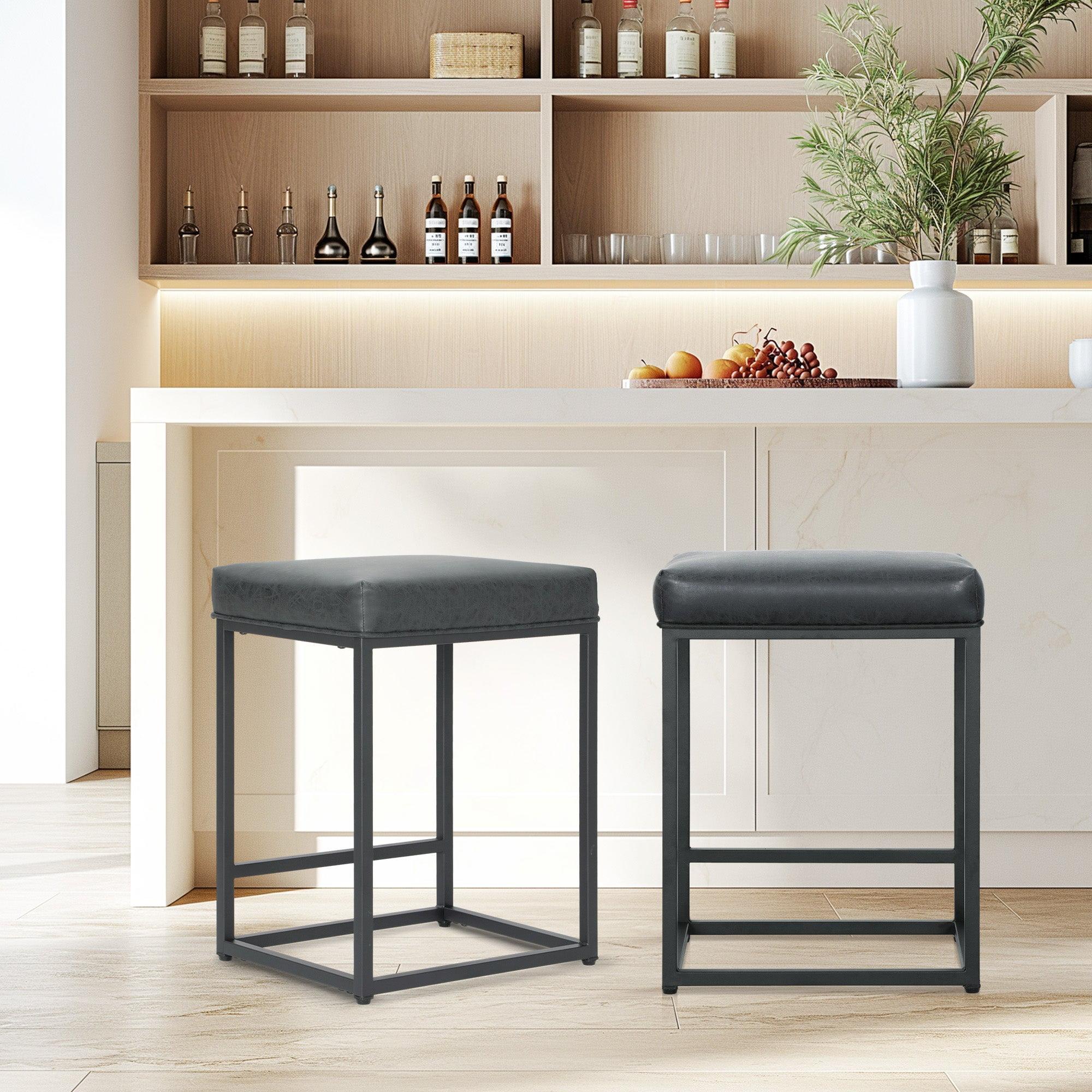 Nathaniel Home 24 Inch Bar Stools Set of 2, Modern PU Leather Metal Barstool, Backless Kitchen Dining Cafe Stool, Upholstered Bar Stool with Footrest, Dark Gray