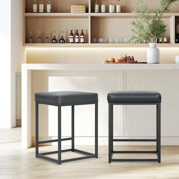 Nathaniel Home 24 Inch Bar Stools Set of 2, Modern PU Leather Metal Barstool, Backless Kitchen Dining Cafe Stool, Upholstered Bar Stool with Footrest, Dark Gray