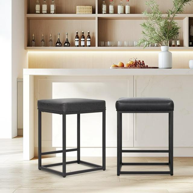 Lorelia Set of 2 Black 24 Inch Backless Counter Bar Stools Faux Leather Seat for Kitchen