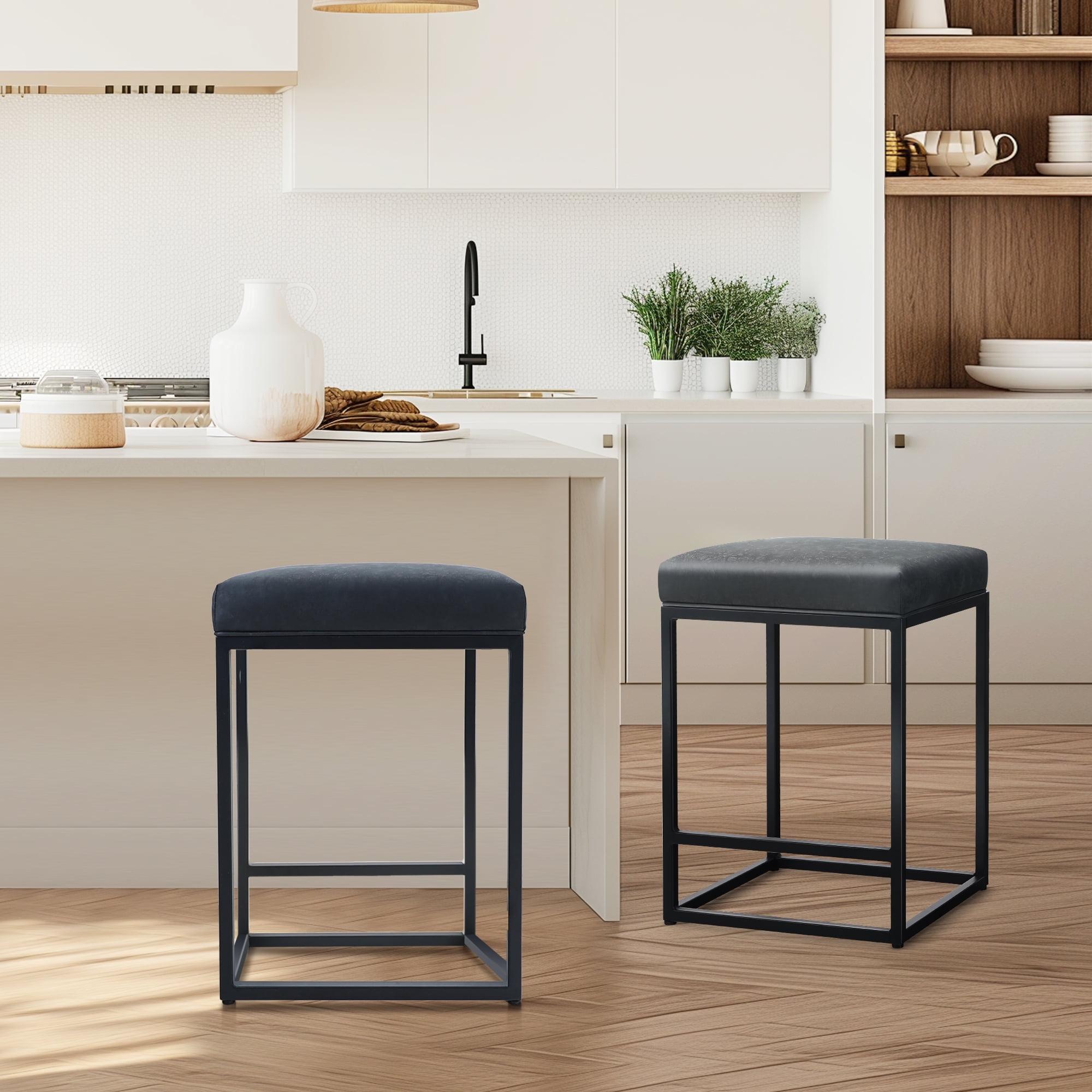 Lorelia Set of 2 Black 24 Inch Backless Counter Bar Stools Faux Leather Seat for Kitchen