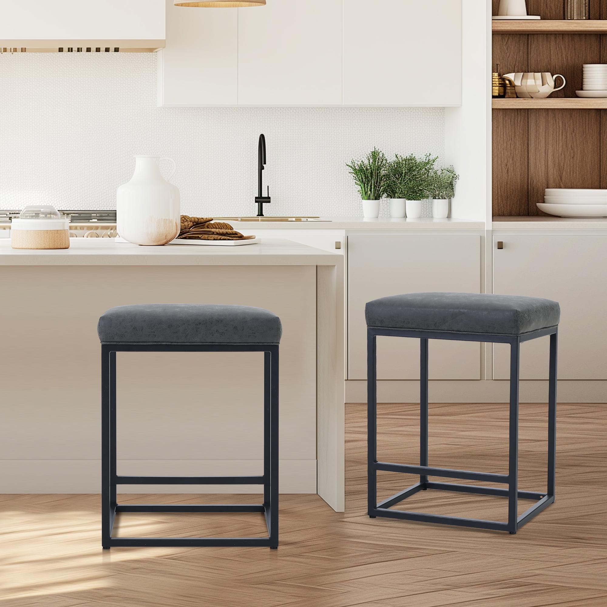 Nathaniel Home 24 Inch Bar Stools Set of 2, Modern PU Leather Metal Barstool, Backless Kitchen Dining Cafe Stool, Upholstered Bar Stool with Footrest, Gray