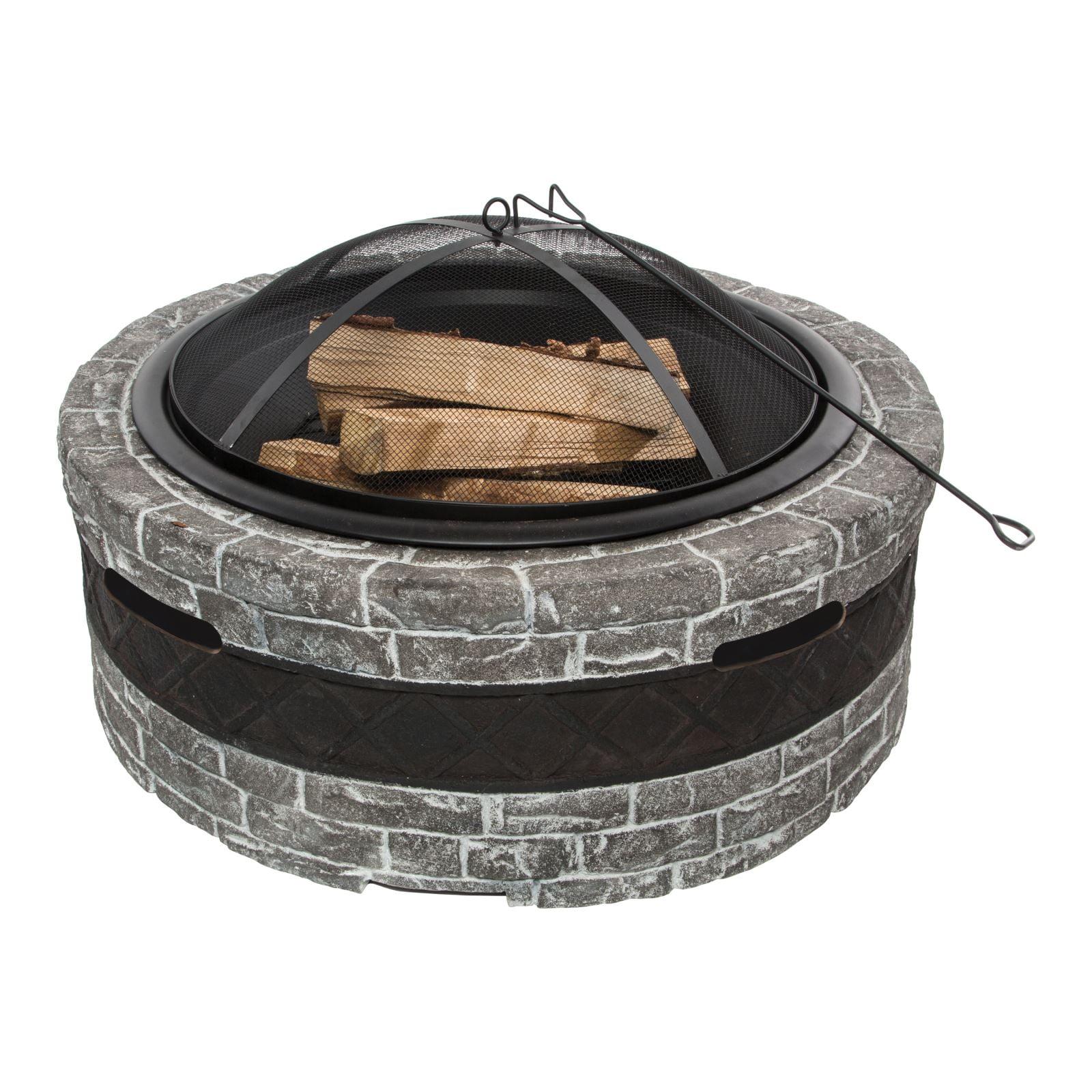 Sun Joe 35" Charcoal Gray Cast Stone Fire Pit with Screen and Poker