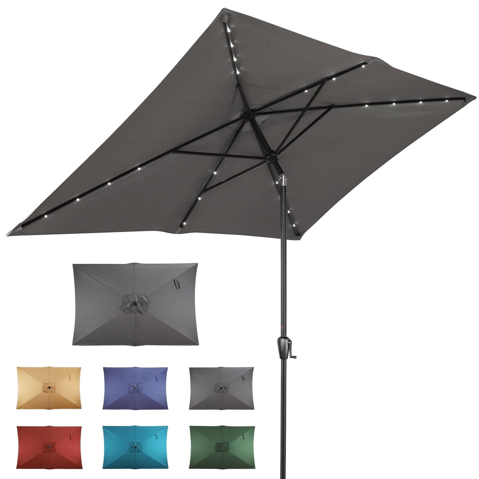 Gray Rectangular Steel Solar LED Patio Umbrella with Hand Crank