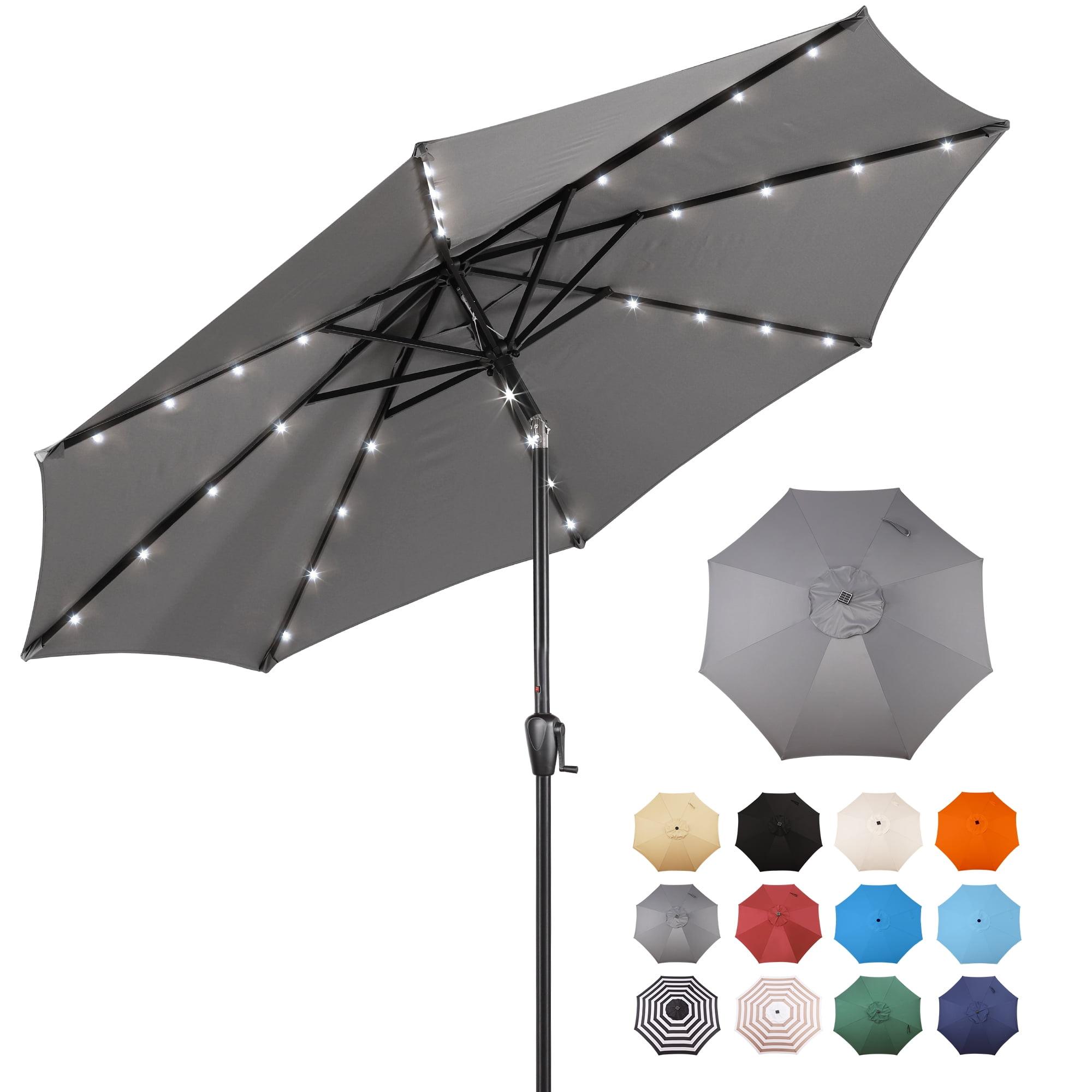 Gray 9' Round Steel Patio Umbrella with Solar LED Lights