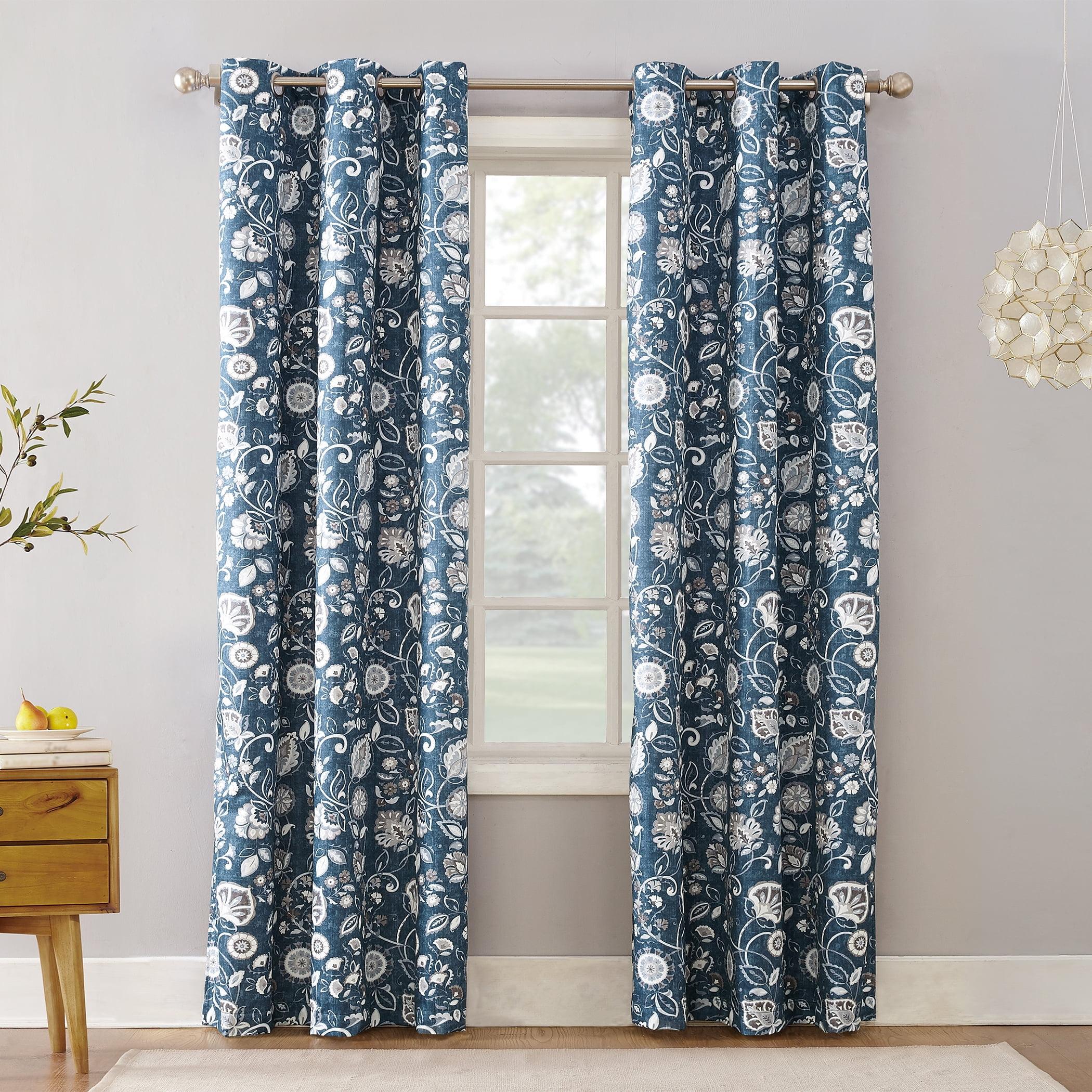 Blue Botanical Print Thermal Insulated Room Darkening Curtain Panel