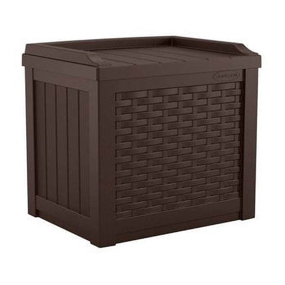 Suncast Wicker 22 Gallon Water Resistant Resin Deck Box with Storage Seat in Java