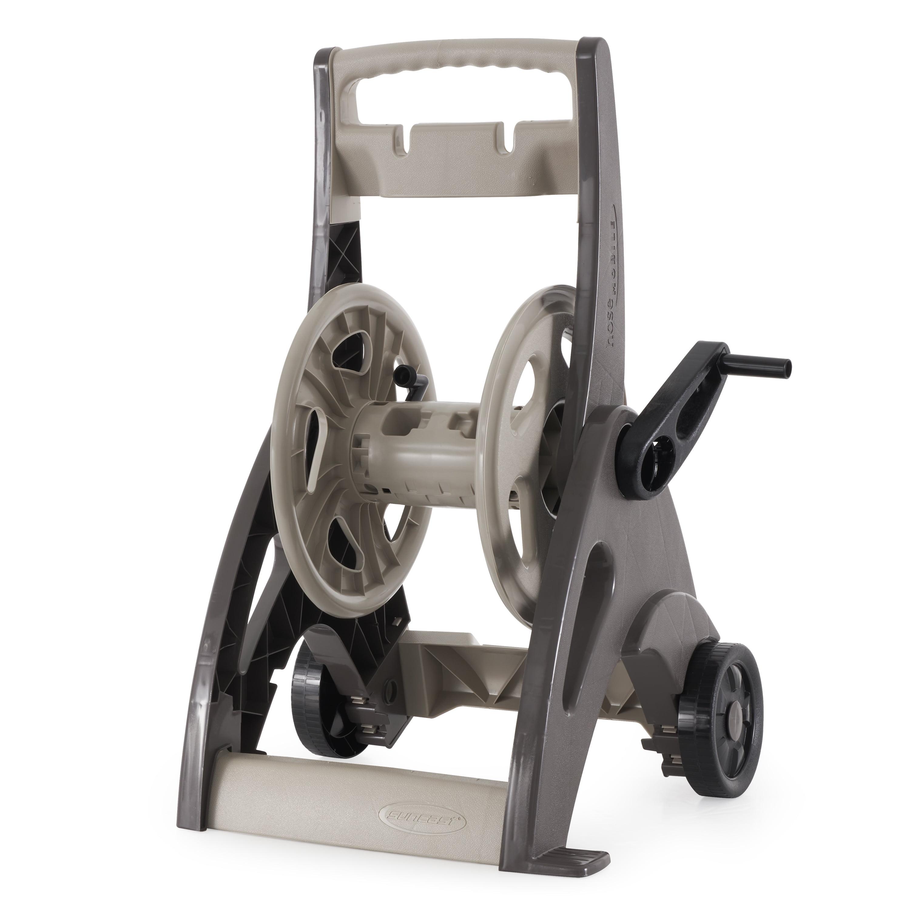 Beige Resin Wheeled Hose Reel Cart with Crank Handle