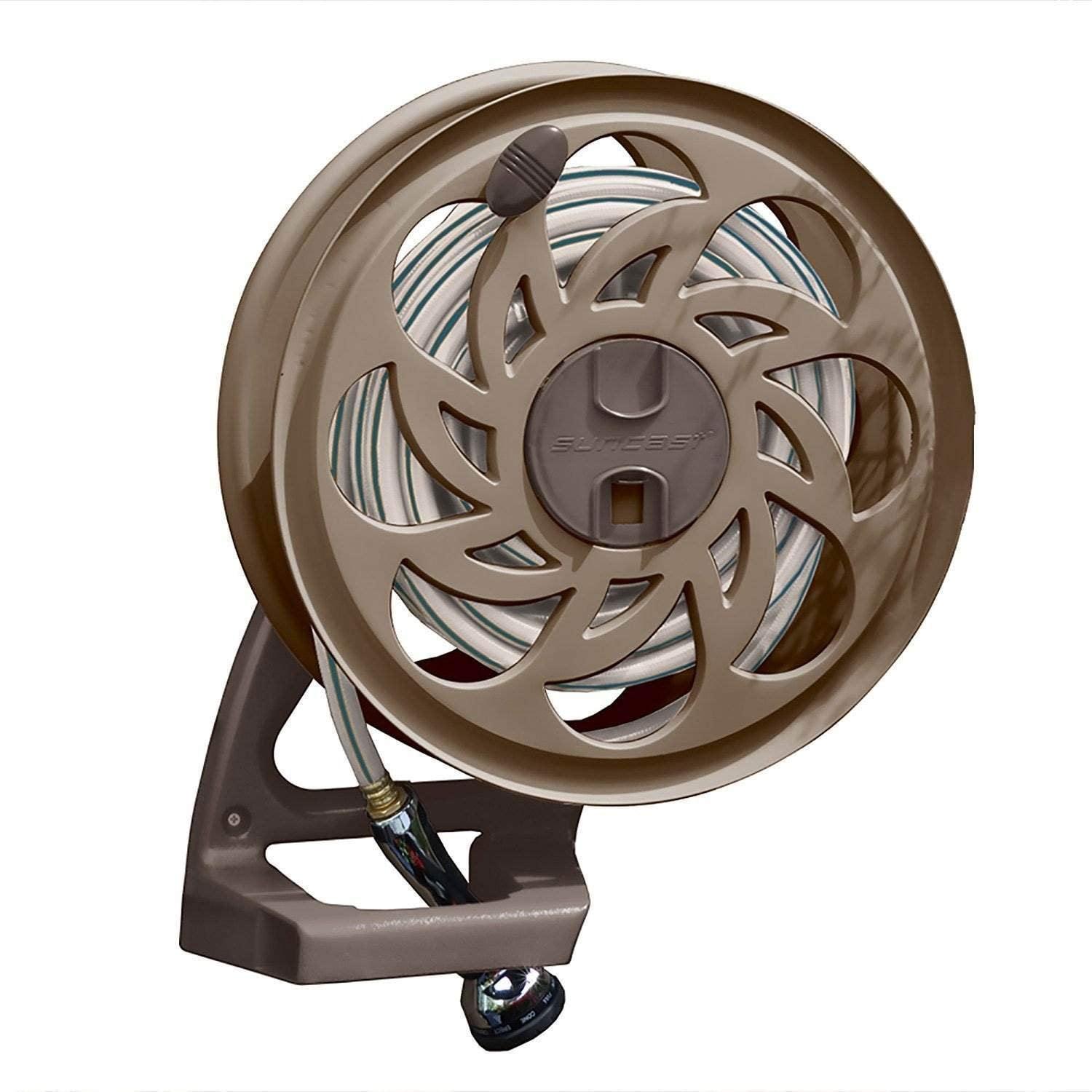 Suncast CPLSTA125B 125' Wall-Mounted Side Tracker Garden Hose Reel for 5/8" Hose with Guide for Patio or Garden, Dark Taupe