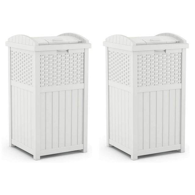 Suncast Wicker Resin Outdoor Hideaway Trash Can Bin with Latching Lid for Use in Backyard, Deck, or Patio, White (2 Pack)