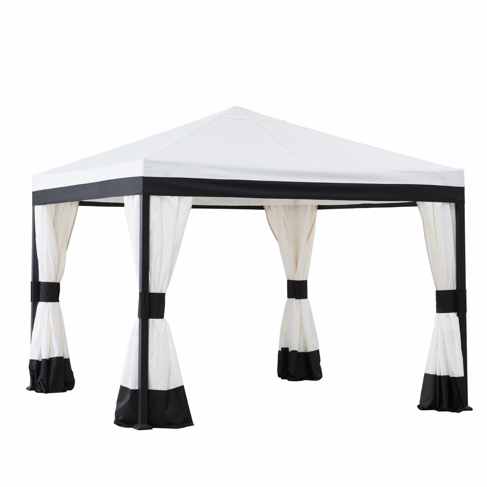 10x10 White and Black Steel Patio Gazebo with Curtains