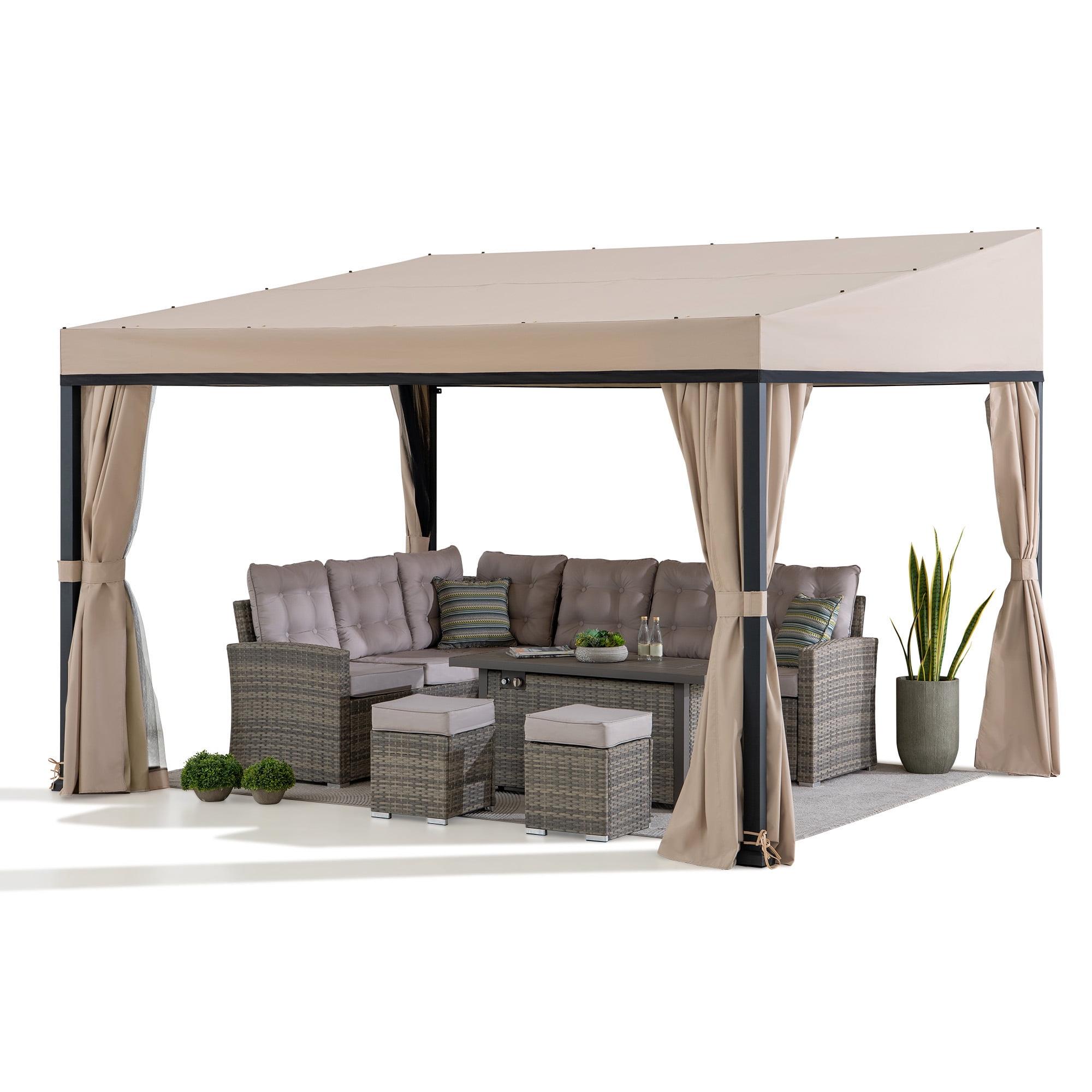 Sunjoy 10 x 12 ft Wall Mounted Gazebo with Weather Resistant Fabric Roof, Black Aluminum & Metal Frame Lean to Gazebo with Curtains and Netting