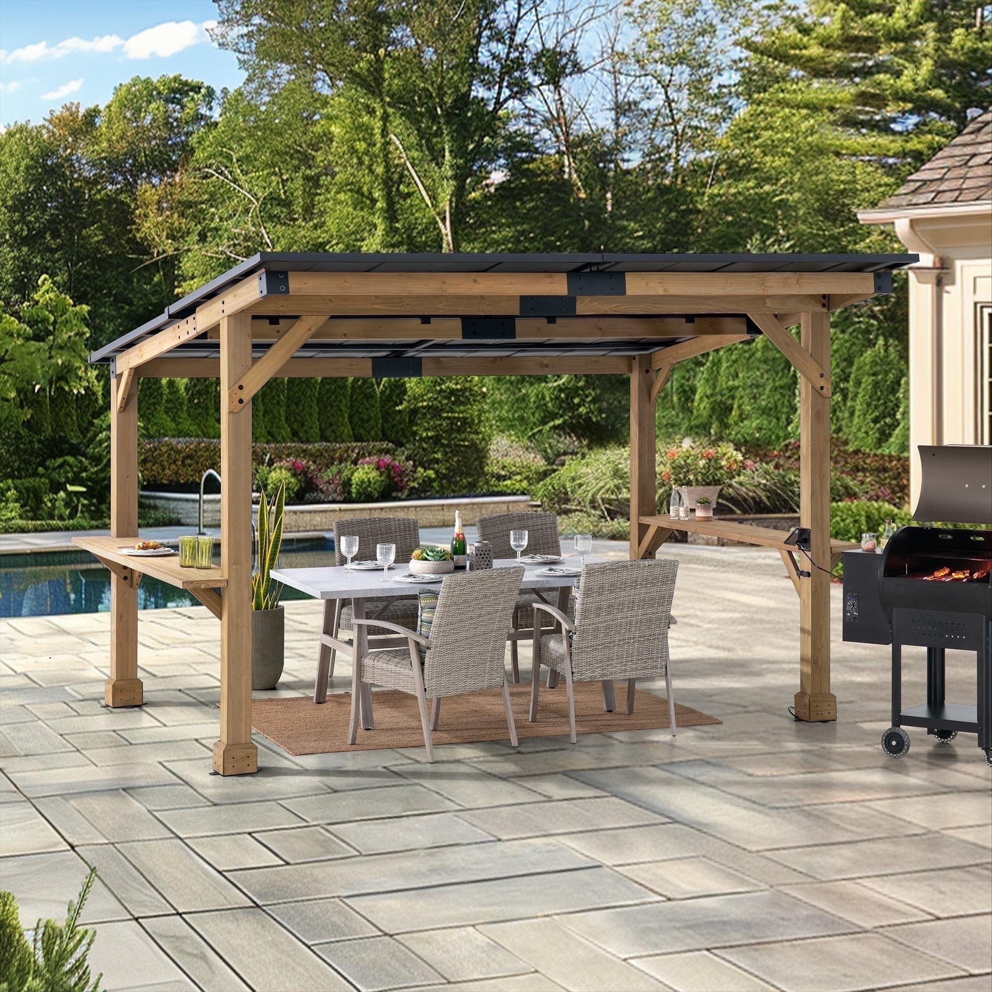 Sunjoy Wooden Grill Gazebo 10 ft. x 12 ft. Outdoor Cedar Frame BBQ Gazebo, Backyard Hot Tub Gazebo with Metal Hardtop Roof, Exclusive PowerPort and Bar Shelves
