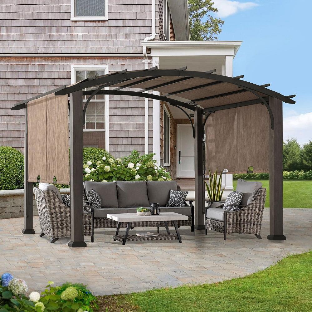 Sunjoy Sunjoy 10’ x 12’ Pergola, Outdoor Steel Arched Pergola with Adjustable Canopy and Natural Woodgrain Metal Posts for Patio, Backyard, and Garden, Tan
