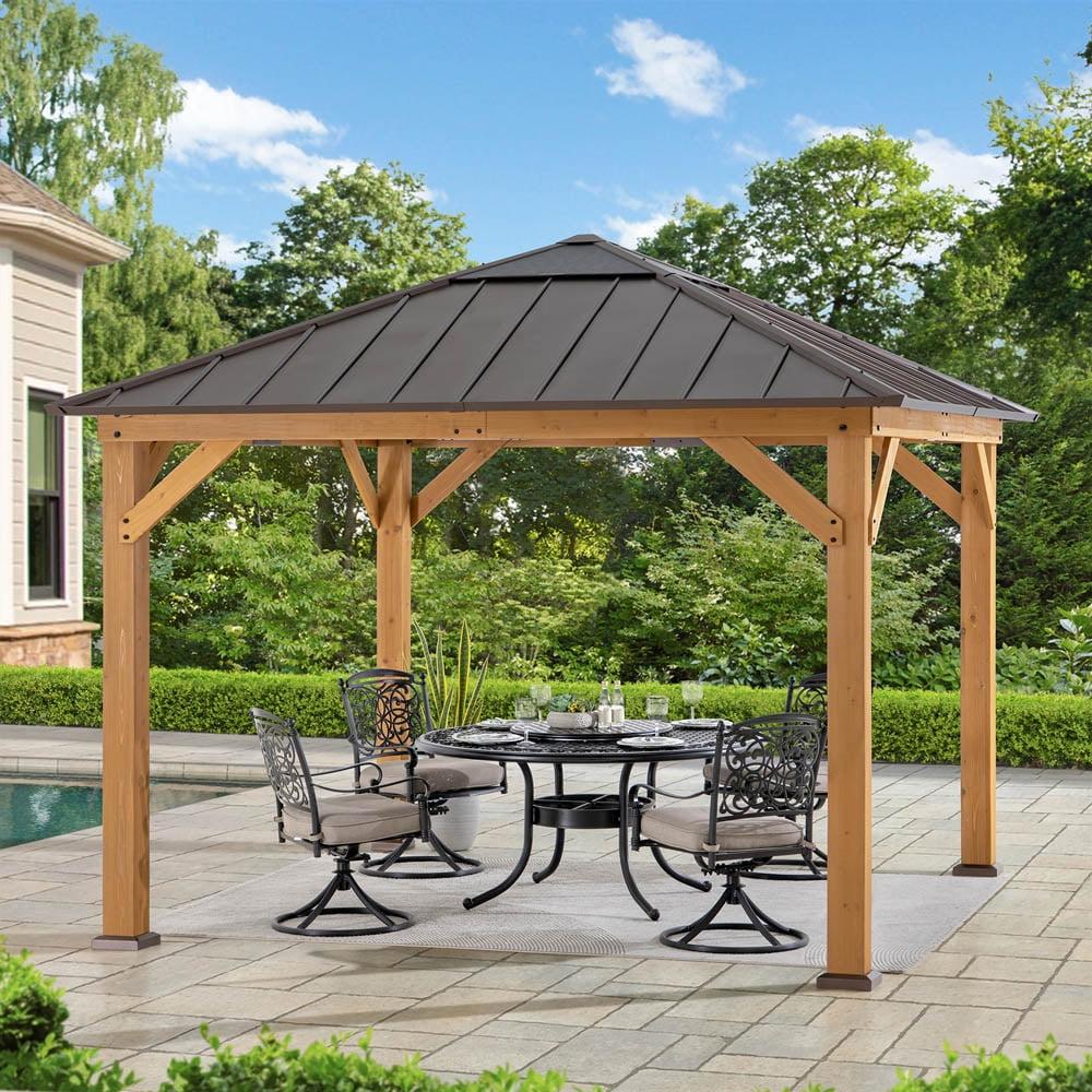 Sunjoy Hardtop Gazebo 11 x 11 ft. Cedar Framed Wood Gazebo with Brown Steel and Polycarbonate Hip Roof Hardtop for Garden, Backyard Shade