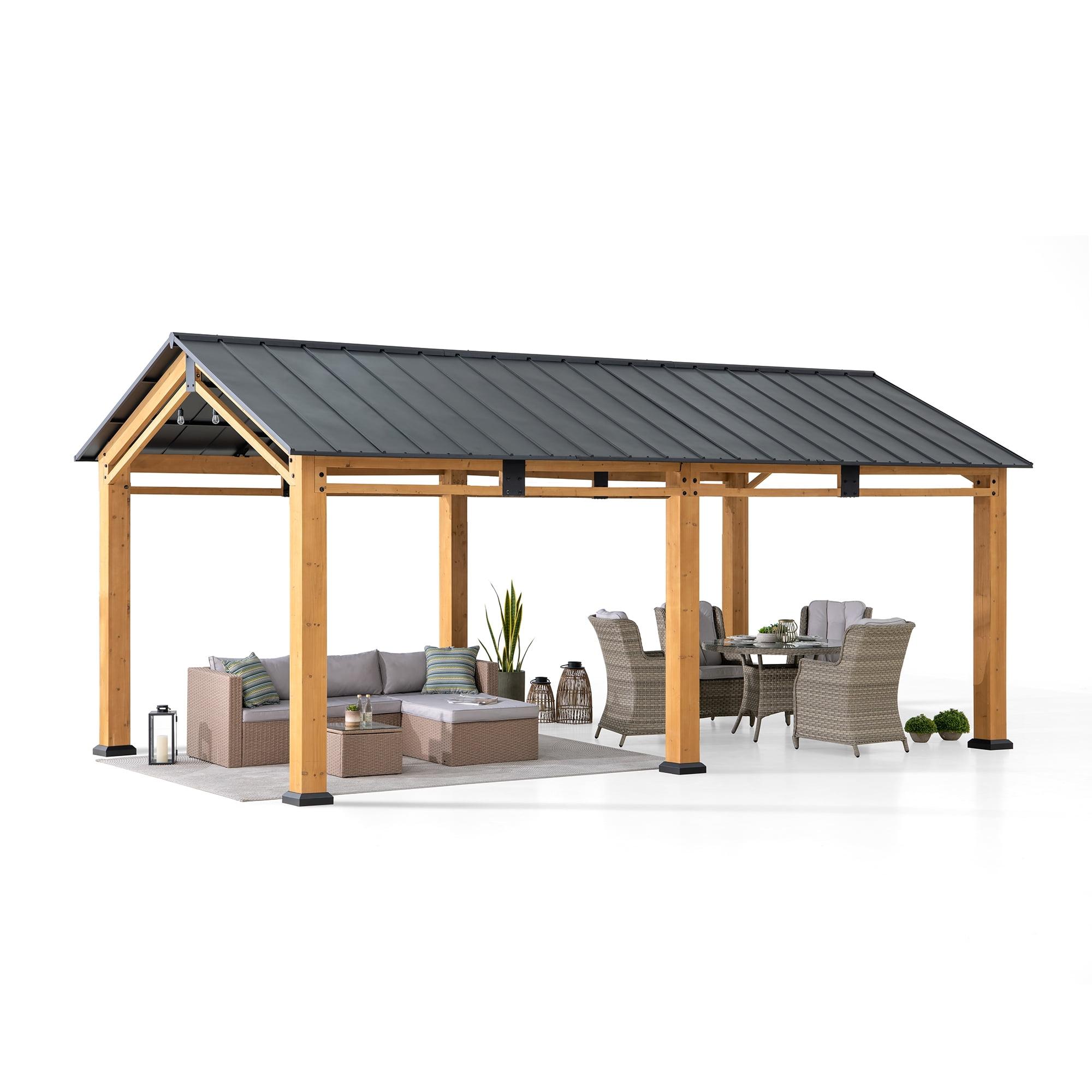 Sunjoy 11 ft. x 20 ft. Cedar Wood Frame Carport Outdoor Patio Hardtop Gazebo, Car Shelter with Metal Roof and Movable Ceiling Hook