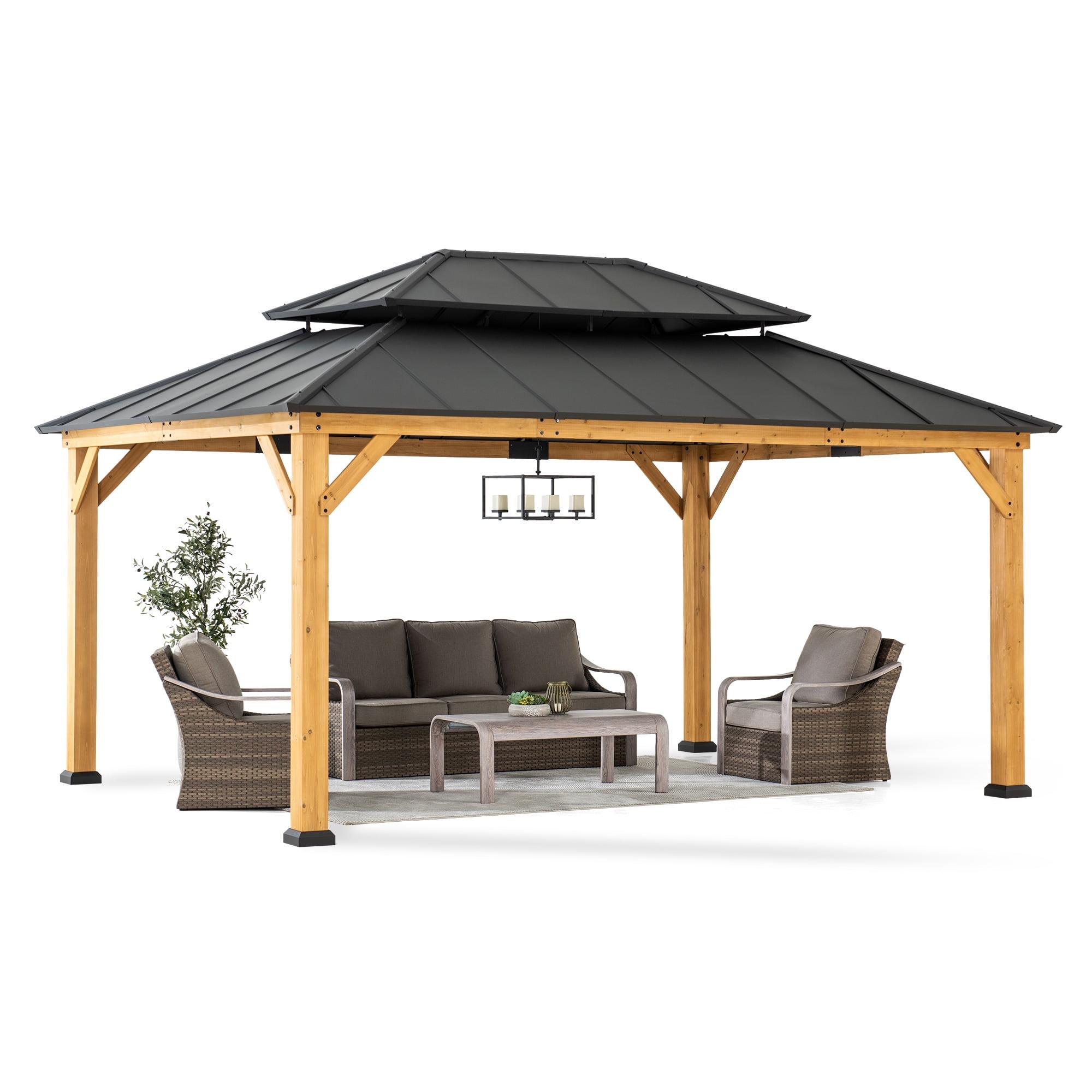 Sunjoy Sunjoy 12x16 ft. Wood Gazebo, Outdoor Patio Steel Hardtop Gazebo, Cedar Framed Wooden Gazebo with 2-tier Metal Roof, Suitable for Patios, Lawn and Backyard