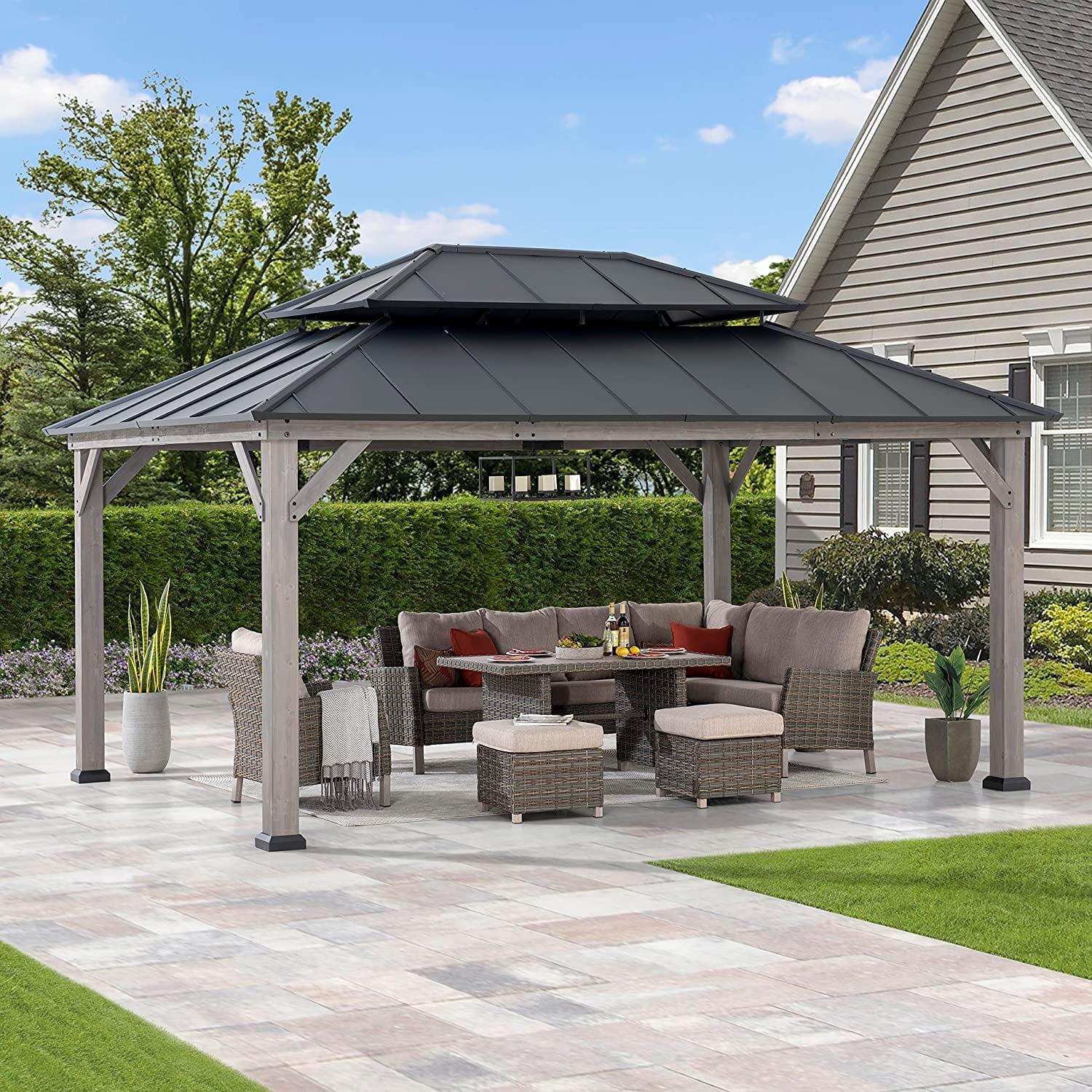 Sunjoy 12x16 ft. Wood Gazebo, Outdoor Patio Steel Hardtop Gazebo, Cedar Framed Wooden Gazebo with 2-tier Metal Roof