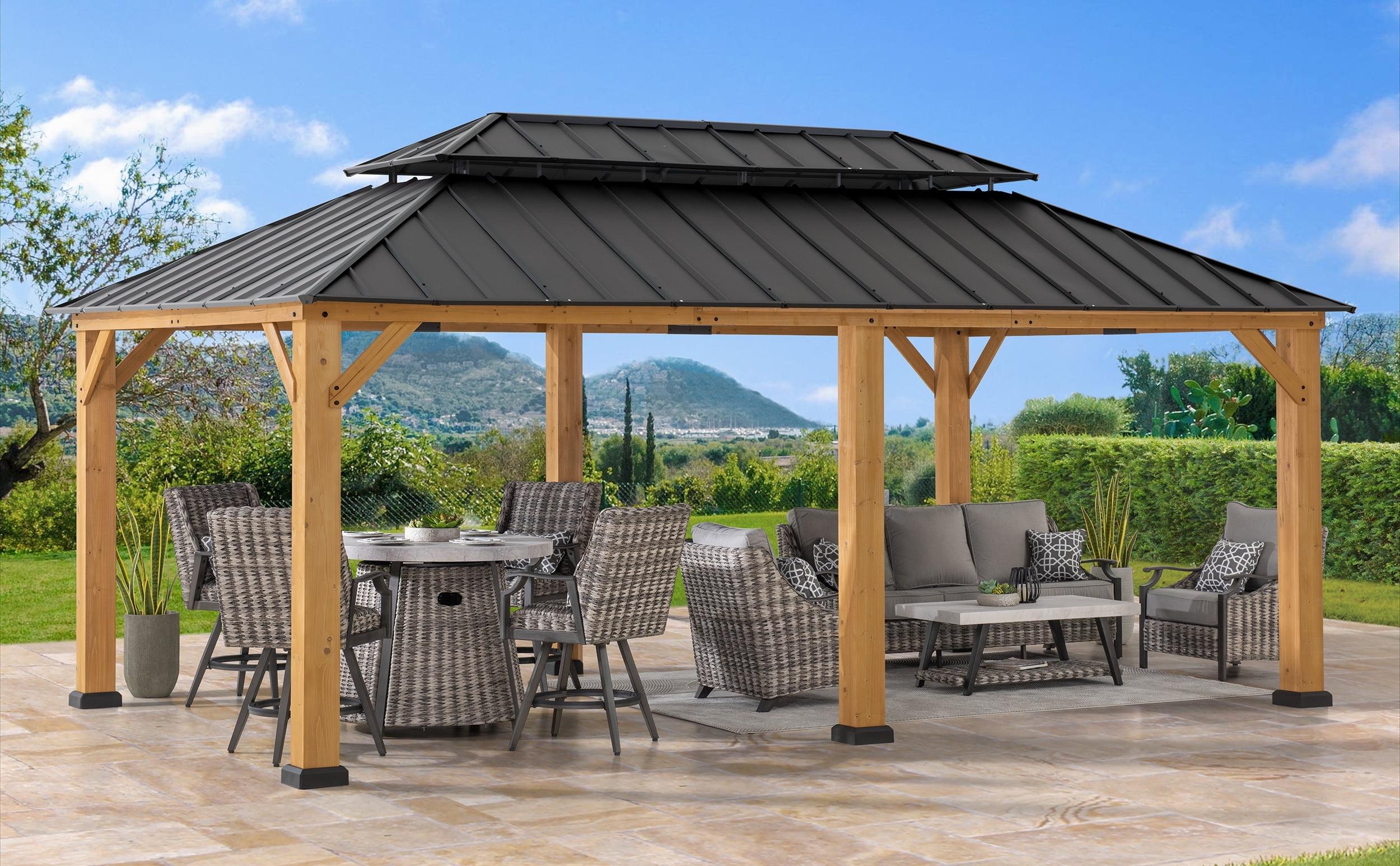 Sunjoy Sunjoy 12x20 ft. Wood Gazebo, Outdoor Patio Steel Hardtop Gazebo with 2-tier Metal Roof, Suitable for Patios, Lawn and Backyard, Matte Black Roof