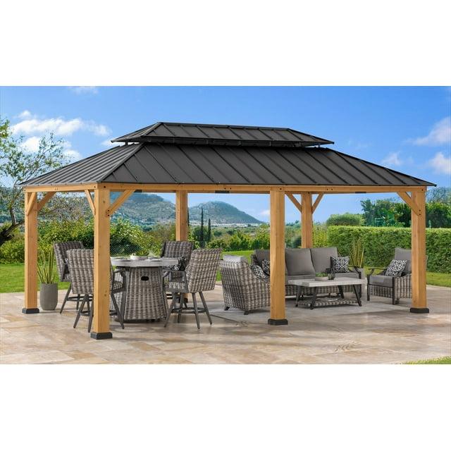 Sunjoy Sunjoy 12x20 ft. Wood Gazebo, Outdoor Patio Steel Hardtop Gazebo with 2-tier Metal Roof, Suitable for Patios, Lawn and Backyard, Matte Black Roof