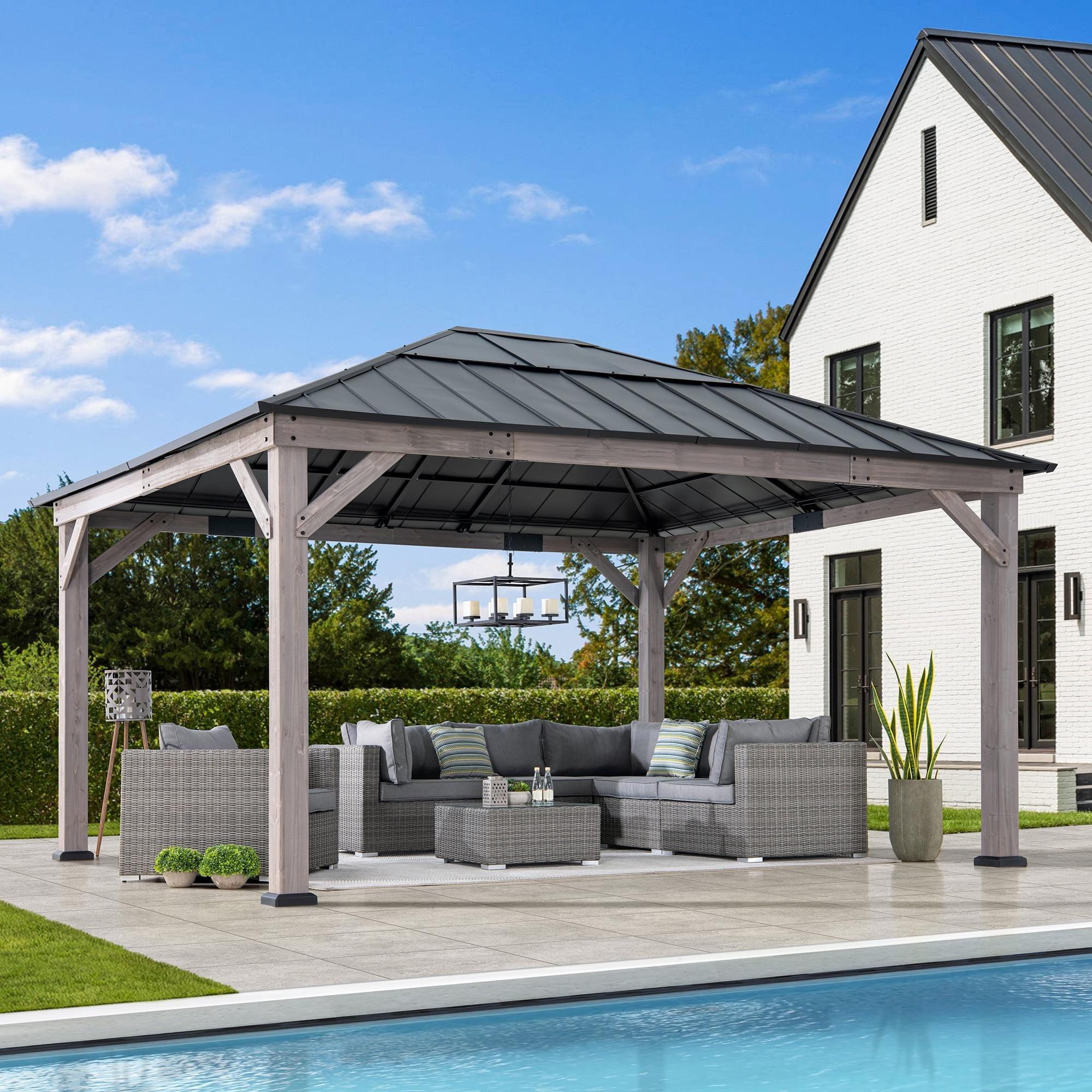 Sunjoy 13 ft. x 15 ft. Cedar and Black Steel Gazebo with Polycarbonate Roof