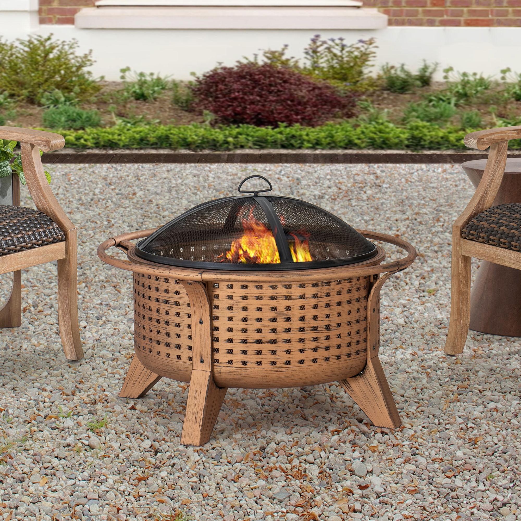 SUNJOY Fire Pit 30 Inch Outdoor Wood-Burning Fire Pit, Patio Woven Round Steel Firepit Large Fire Pits for Outside with Spark Screen and Poker