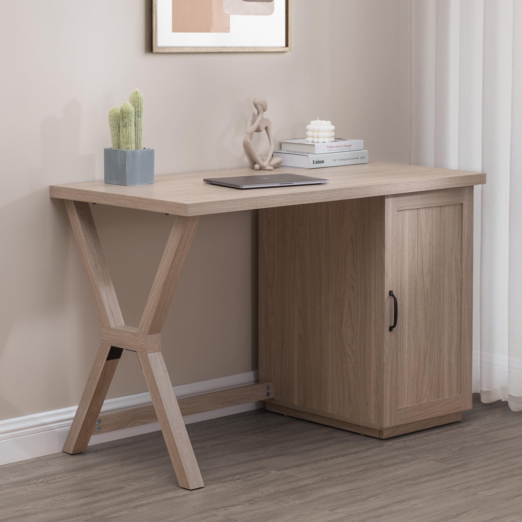 Farmhouse Brown Wood Pedestal Desk with Drawer and Cabinet